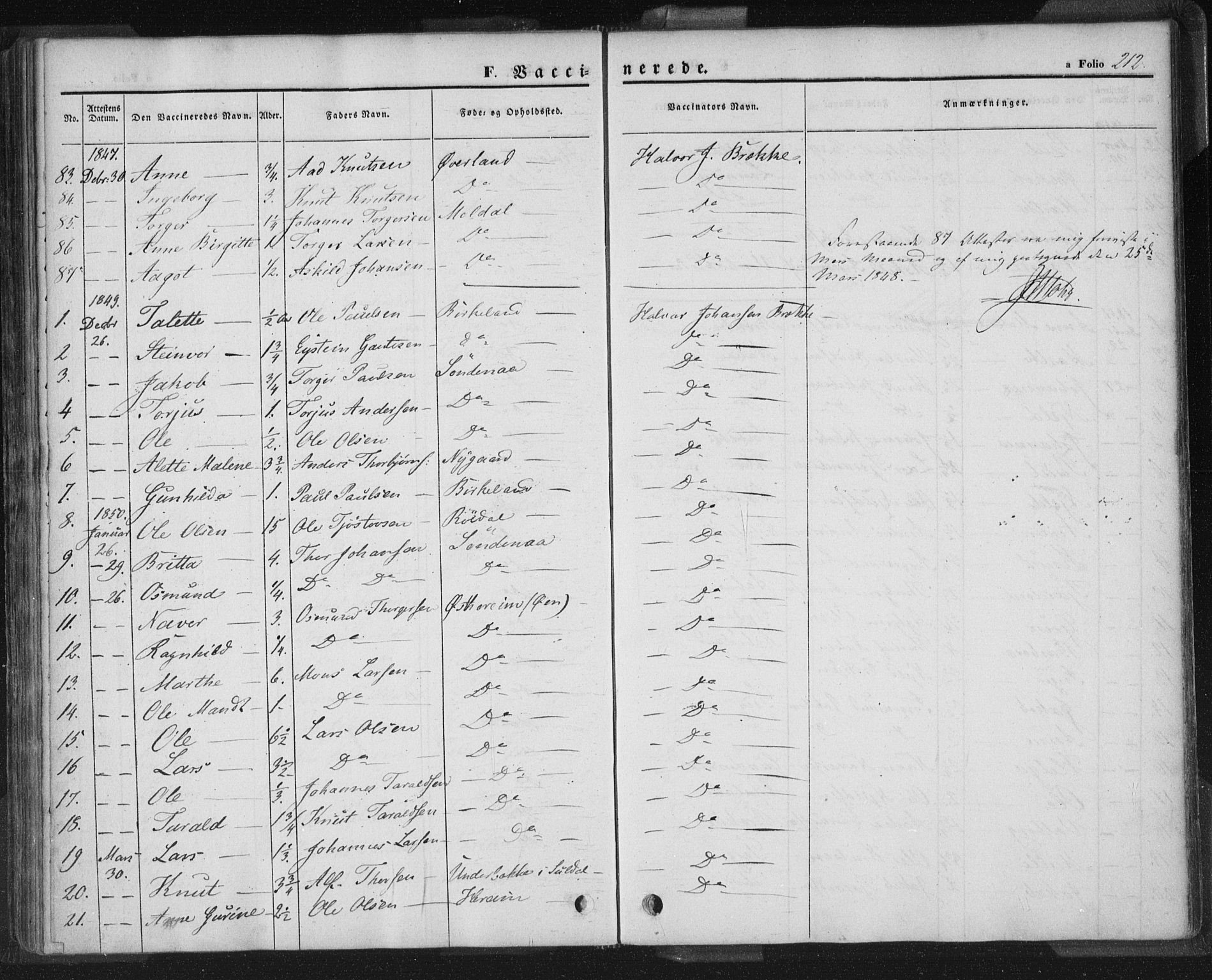 Sand sokneprestkontor, AV/SAST-A-101848/01/III/L0002: Parish register (official) no. A 2, 1838-1859, p. 212