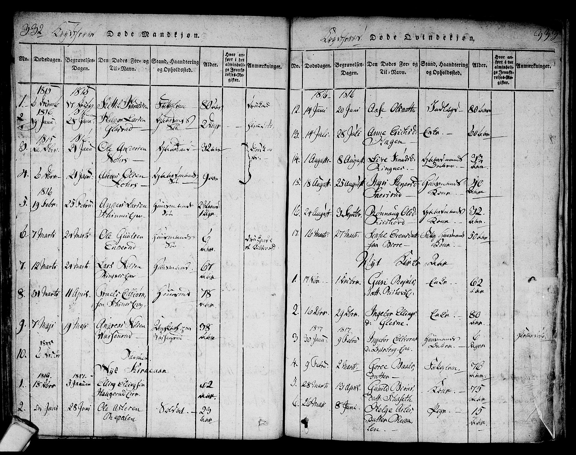 Sigdal kirkebøker, AV/SAKO-A-245/F/Fa/L0005: Parish register (official) no. I 5 /3, 1815-1829, p. 332-333