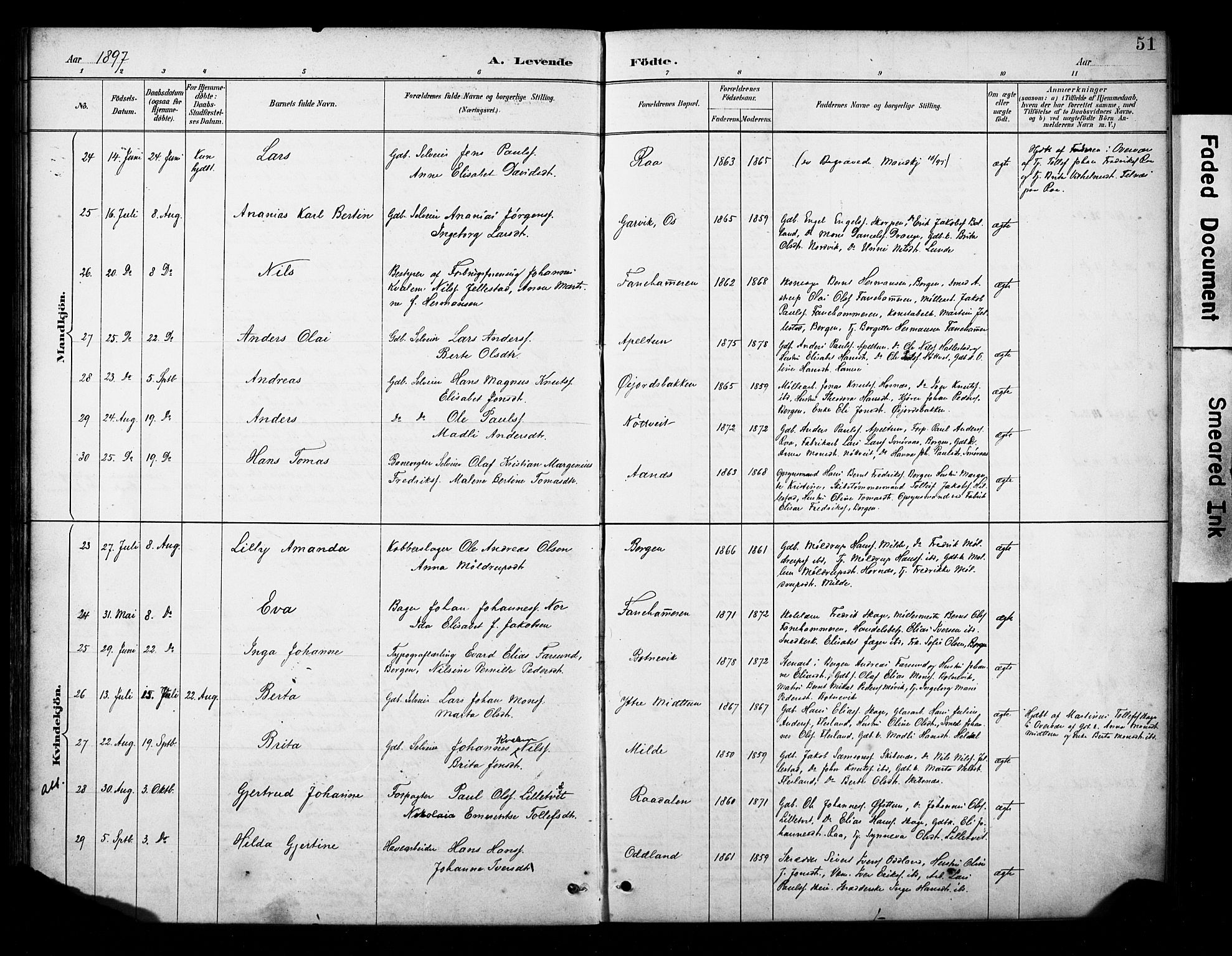 Fana Sokneprestembete, AV/SAB-A-75101/H/Haa/Haab/L0002: Parish register (official) no. B 2, 1890-1897, p. 51