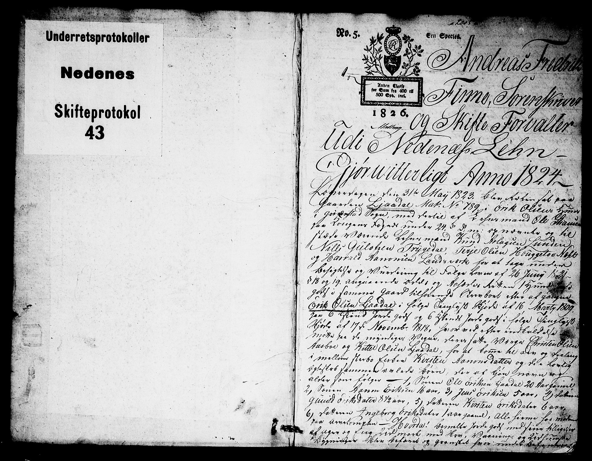 Nedenes sorenskriveri før 1824, SAK/1221-0007/H/Hc/L0059: Skifteprotokoll med register nr 43, 1823-1824, p. 0b-1a