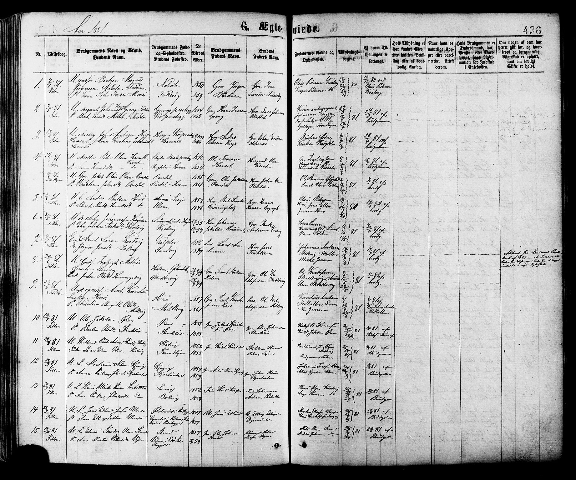 Ministerialprotokoller, klokkerbøker og fødselsregistre - Sør-Trøndelag, SAT/A-1456/634/L0532: Parish register (official) no. 634A08, 1871-1881, p. 436