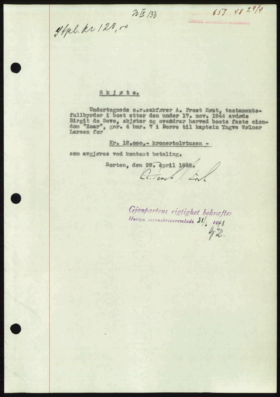 Horten sorenskriveri, AV/SAKO-A-133/G/Ga/Gaa/L0010: Mortgage book no. A-10, 1947-1948, Diary no: : 653/1948