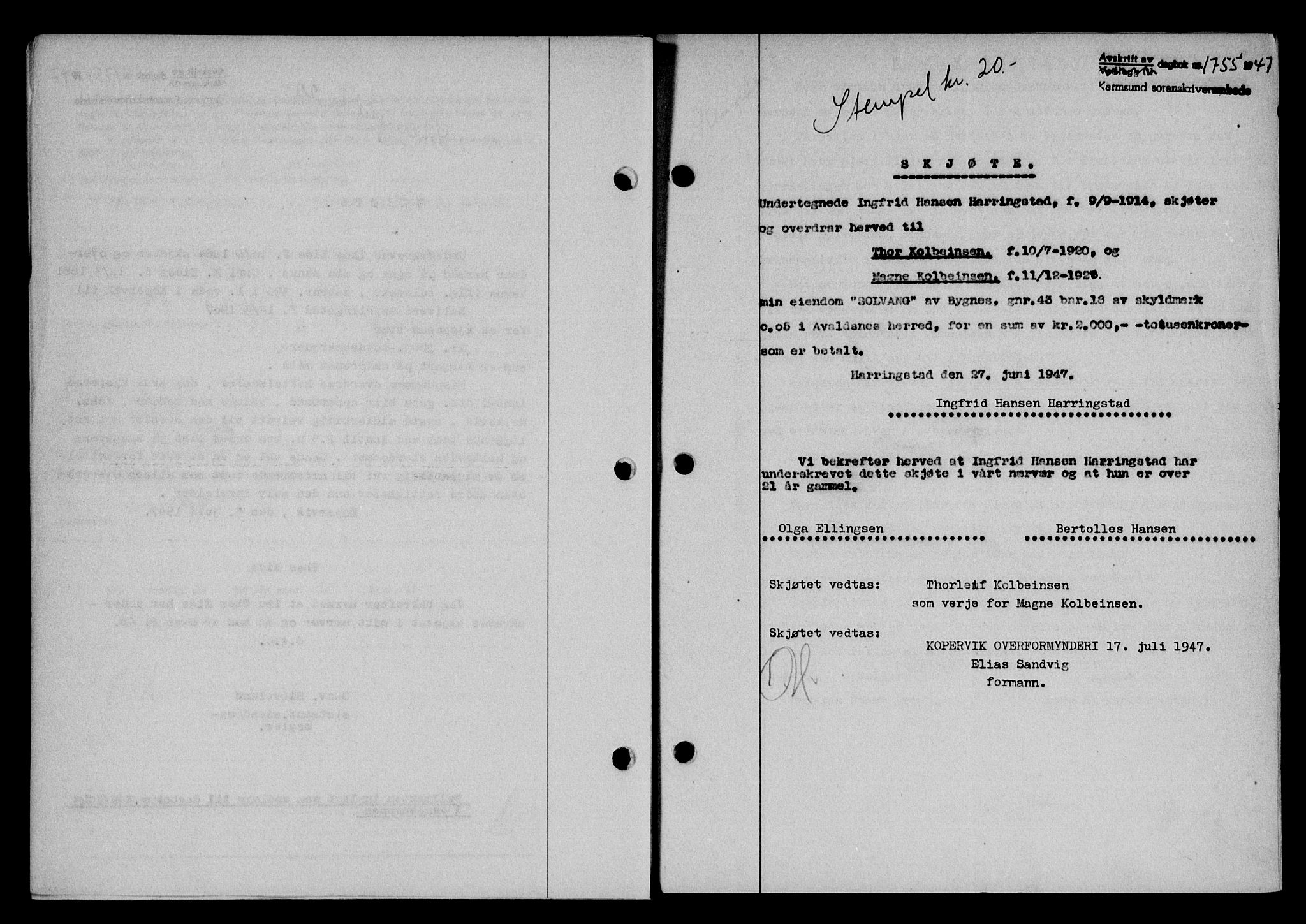Karmsund sorenskriveri, SAST/A-100311/01/II/IIB/L0090: Mortgage book no. 70A, 1947-1947, Diary no: : 1755/1947