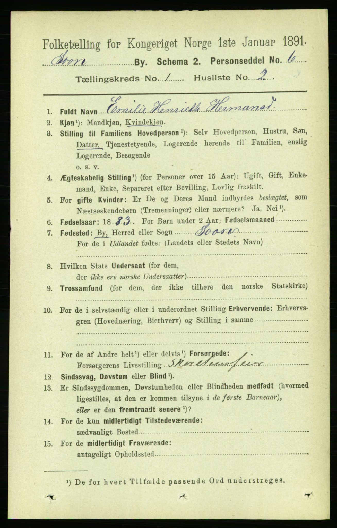 RA, 1891 census for 0201 Son, 1891, p. 20