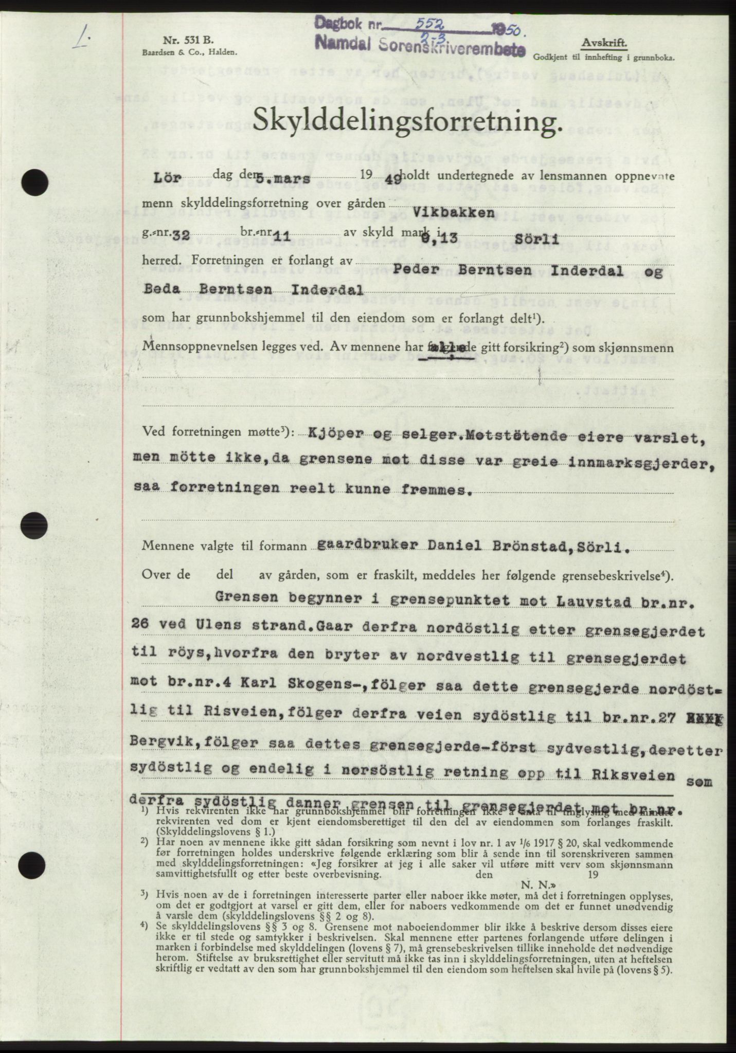 Namdal sorenskriveri, AV/SAT-A-4133/1/2/2C: Mortgage book no. -, 1950-1950, Diary no: : 552/1950