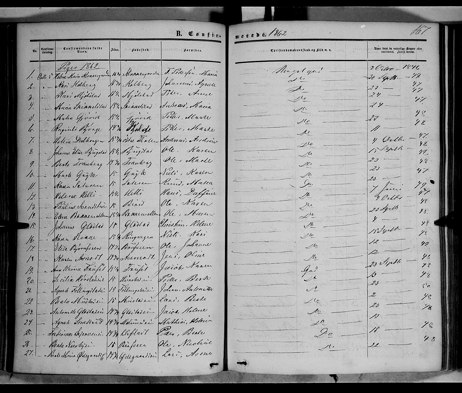 Vardal prestekontor, SAH/PREST-100/H/Ha/Haa/L0006: Parish register (official) no. 6, 1854-1866, p. 167
