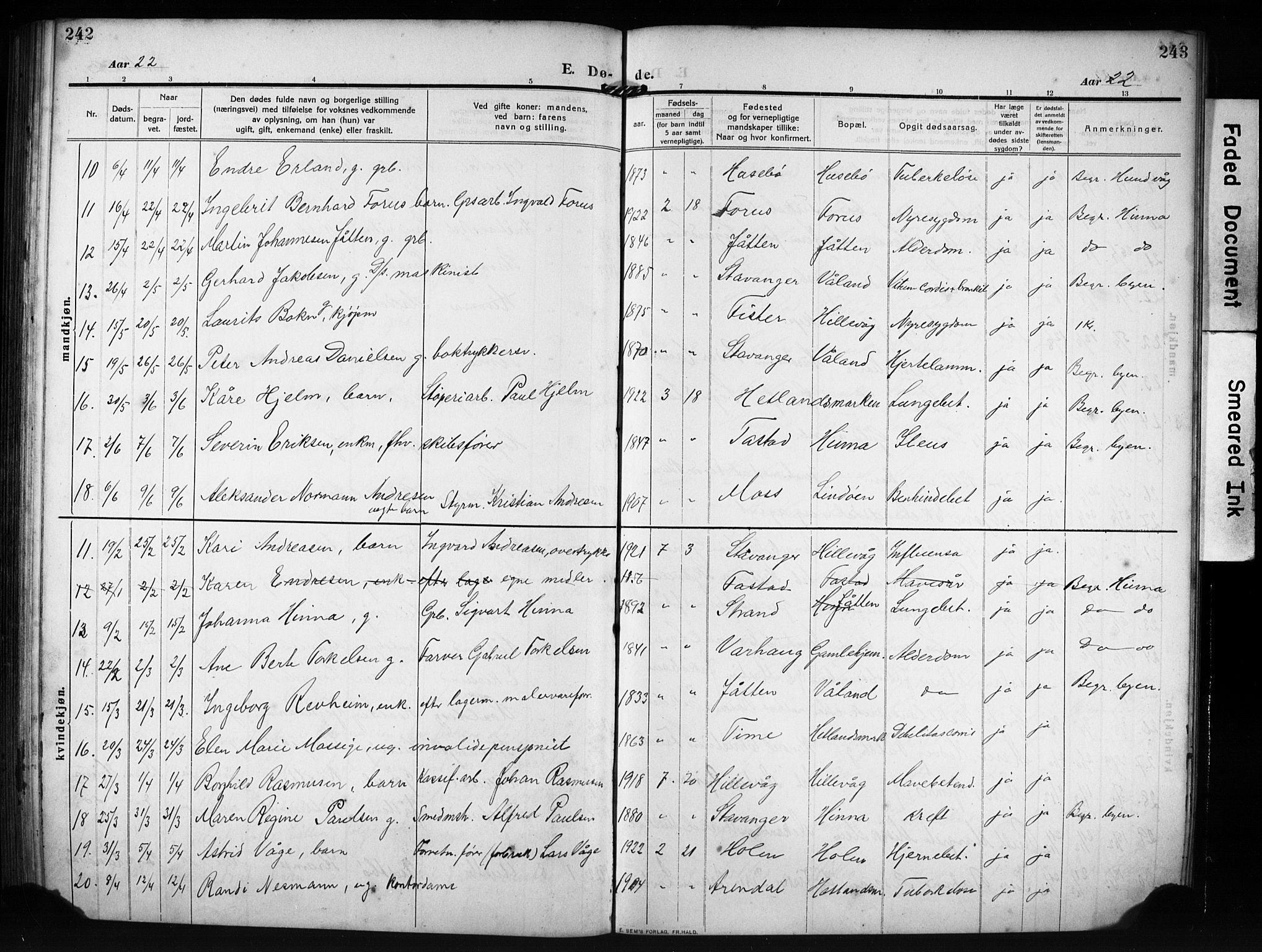 Hetland sokneprestkontor, AV/SAST-A-101826/30/30BB/L0009: Parish register (copy) no. B 9, 1910-1931, p. 242-243