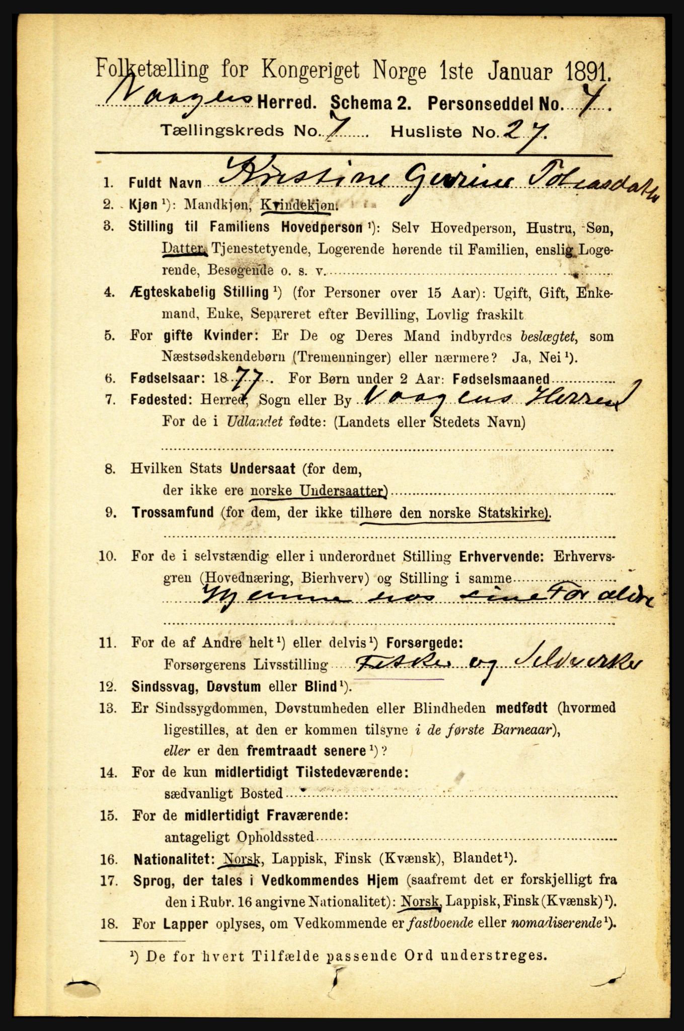RA, 1891 census for 1865 Vågan, 1891, p. 1963