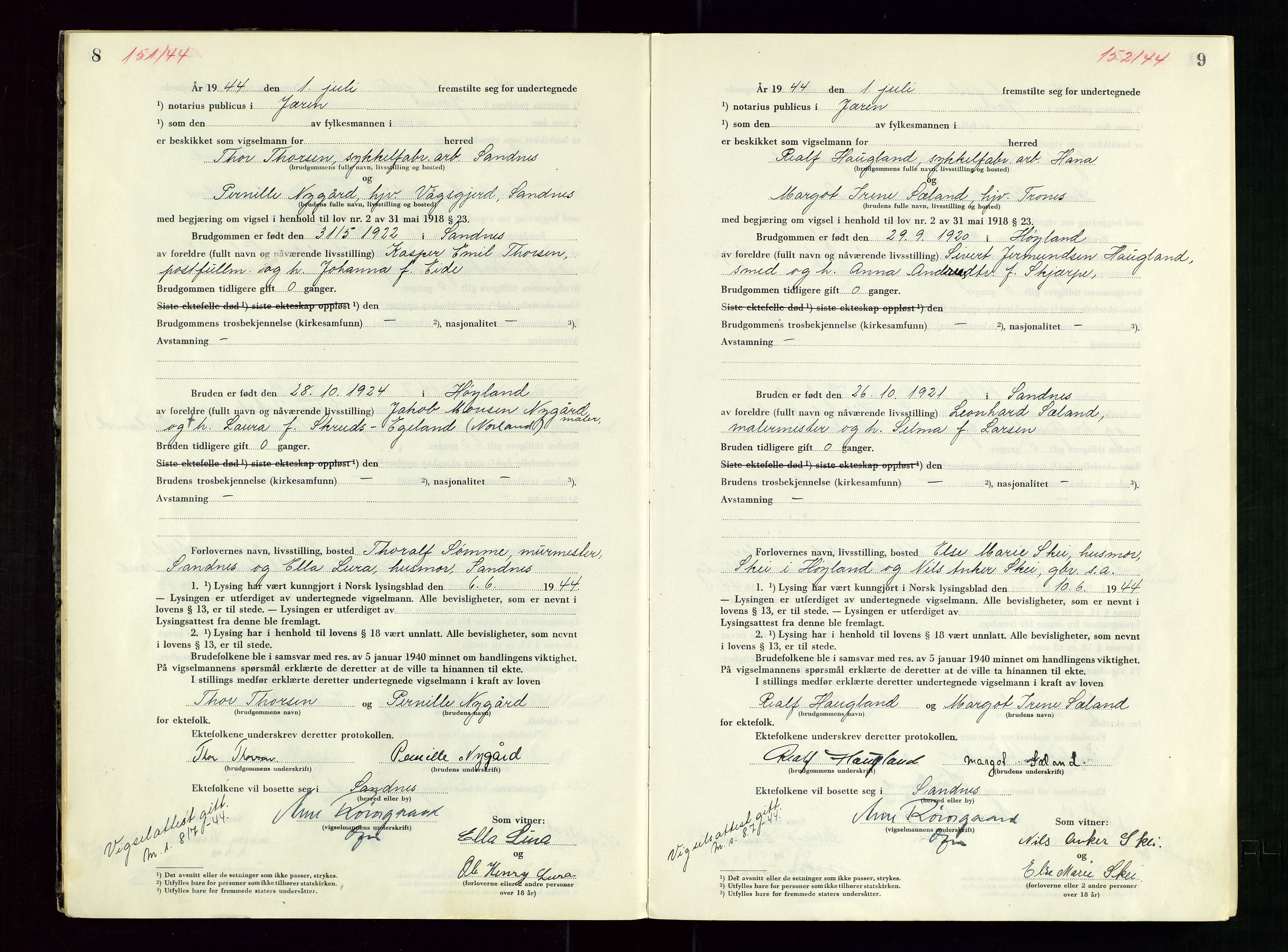 Jæren sorenskriveri, AV/SAST-A-100310/01/6/62/62BA/L0007: VIGSELSPROTOKOLL, 1944, p. 8-9