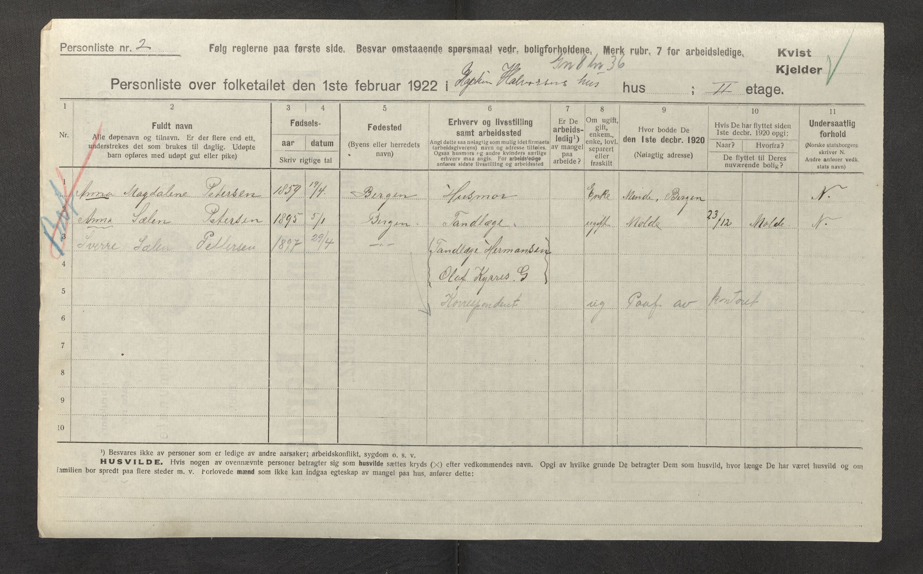 SAB, Municipal Census 1922 for Bergen, 1922, p. 59500