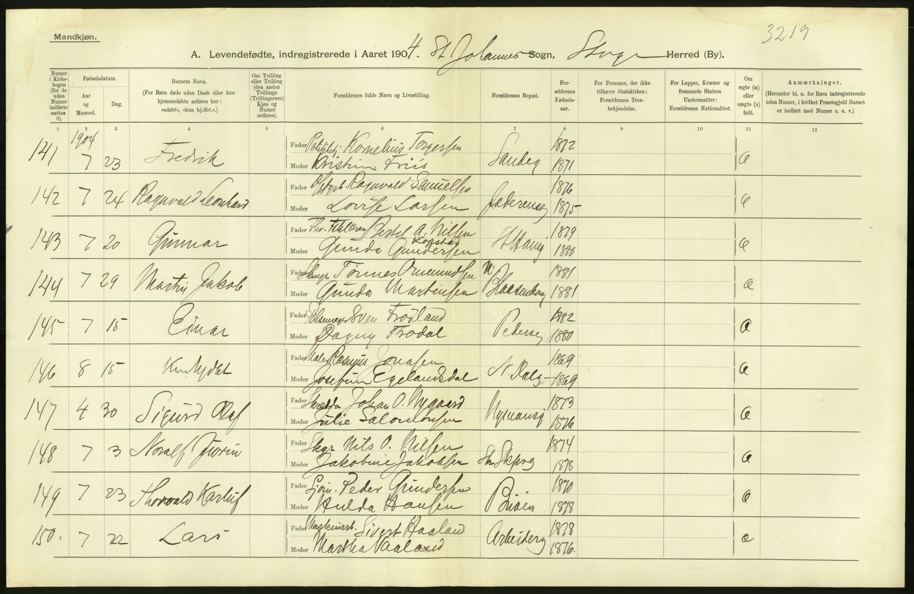 Statistisk sentralbyrå, Sosiodemografiske emner, Befolkning, AV/RA-S-2228/D/Df/Dfa/Dfab/L0012: Stavanger amt: Fødte, gifte, døde, 1904, p. 60