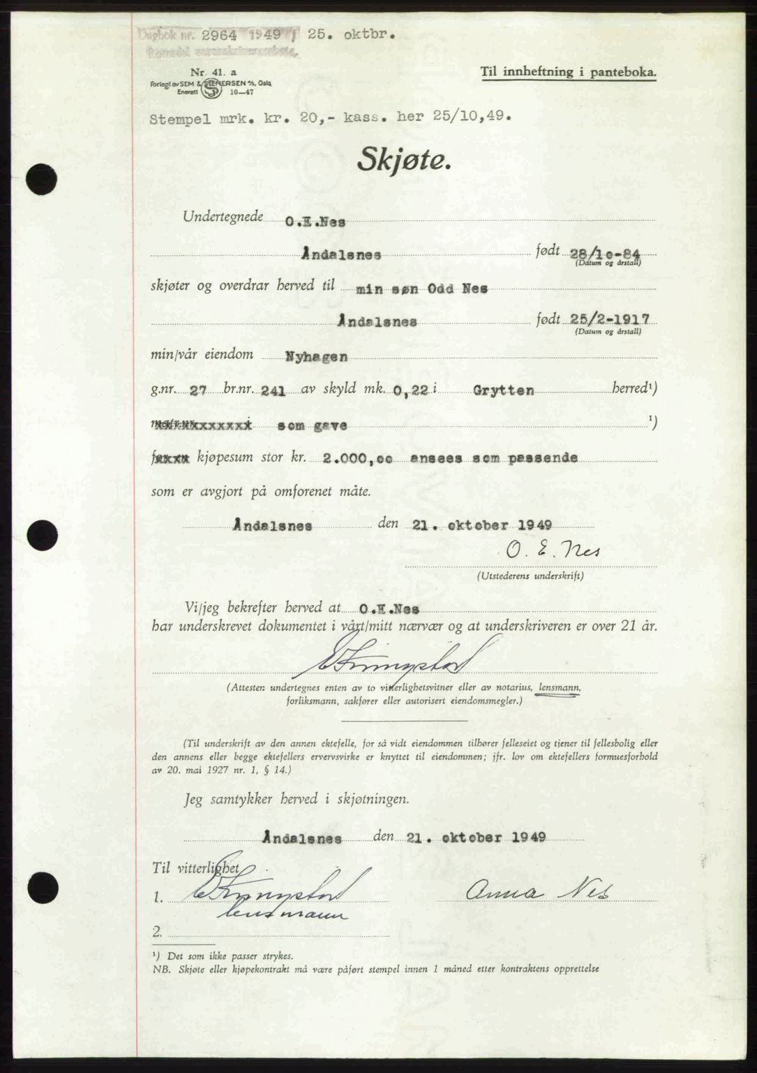 Romsdal sorenskriveri, AV/SAT-A-4149/1/2/2C: Mortgage book no. A31, 1949-1949, Diary no: : 2964/1949