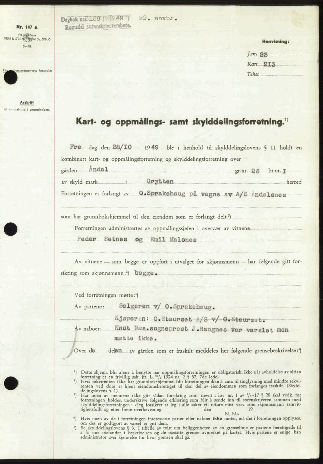 Romsdal sorenskriveri, AV/SAT-A-4149/1/2/2C: Mortgage book no. A31, 1949-1949, Diary no: : 3139/1949