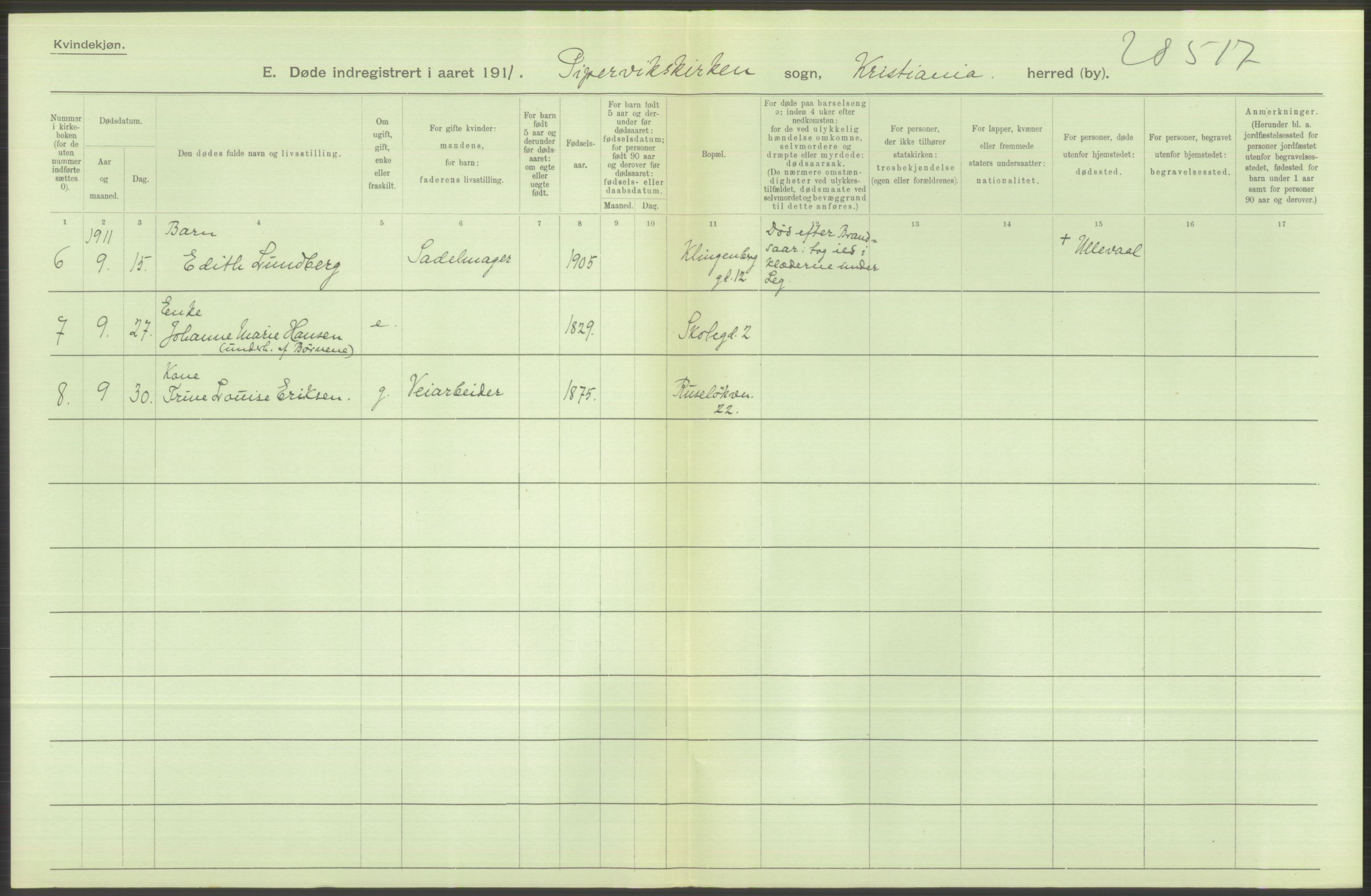 Statistisk sentralbyrå, Sosiodemografiske emner, Befolkning, RA/S-2228/D/Df/Dfb/Dfba/L0010: Kristiania: Døde kvinner samt dødfødte., 1911, p. 430