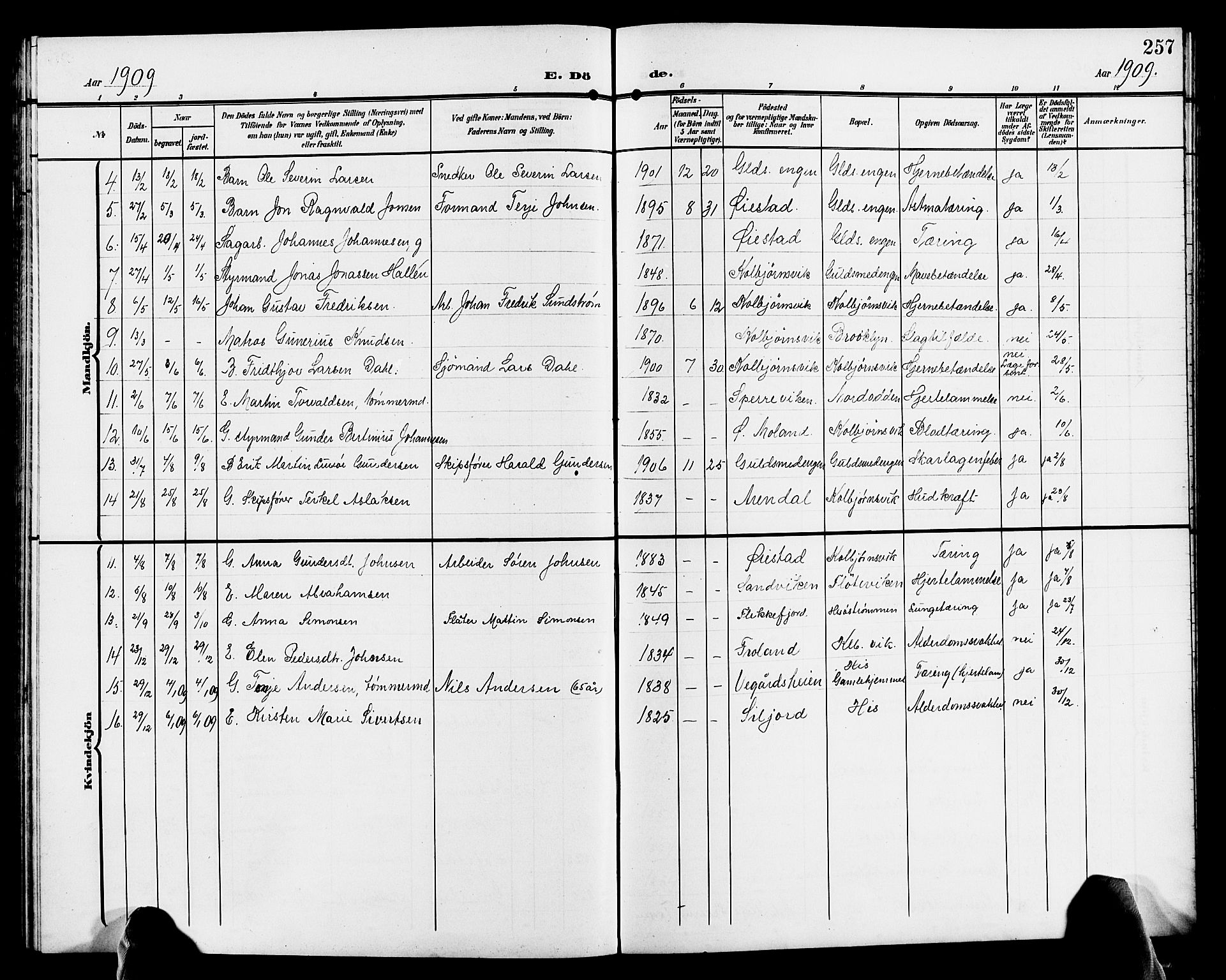 Hisøy sokneprestkontor, AV/SAK-1111-0020/F/Fb/L0004: Parish register (copy) no. B 4, 1905-1923, p. 257