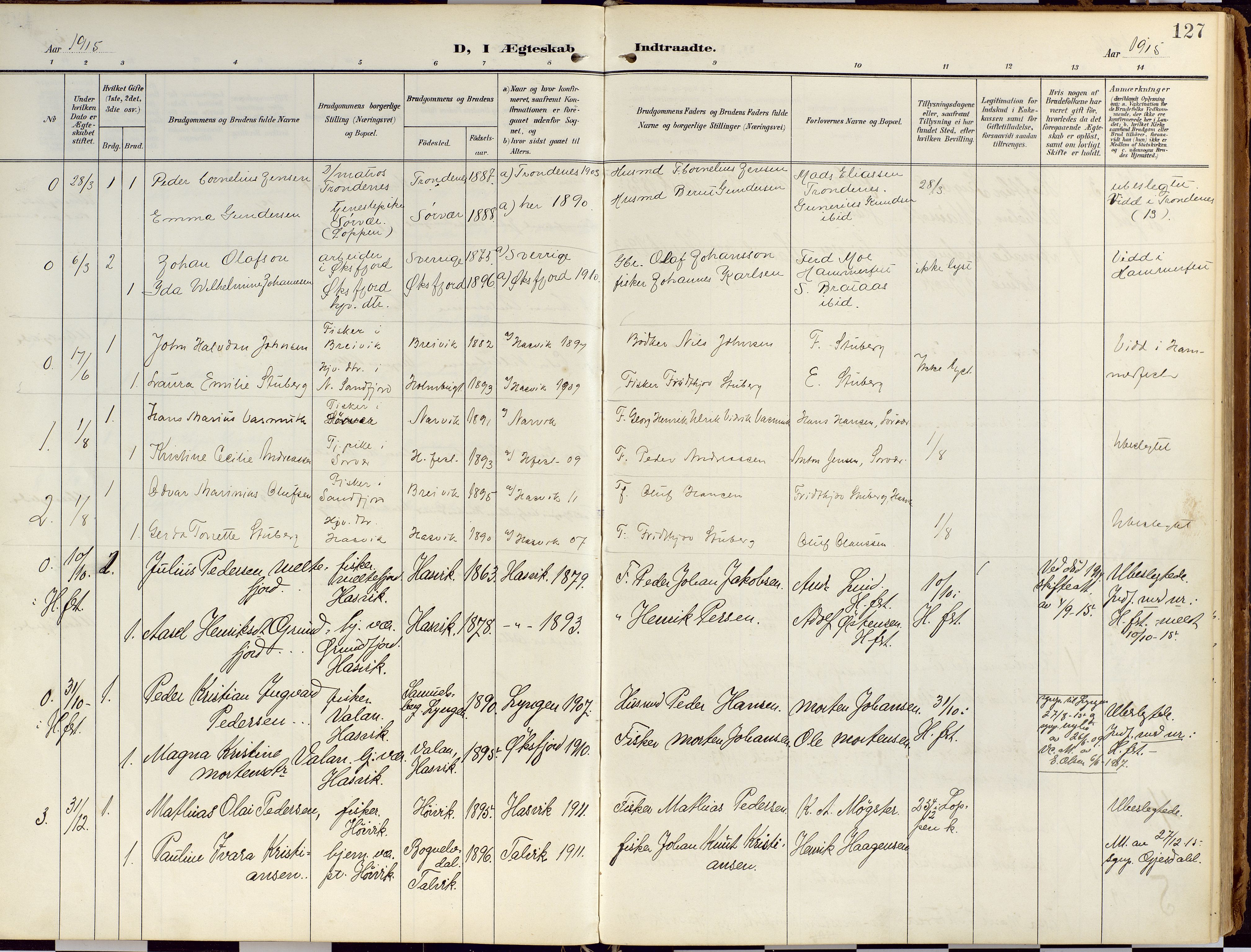 Loppa sokneprestkontor, SATØ/S-1339/H/Ha/L0010kirke: Parish register (official) no. 10, 1907-1922, p. 127