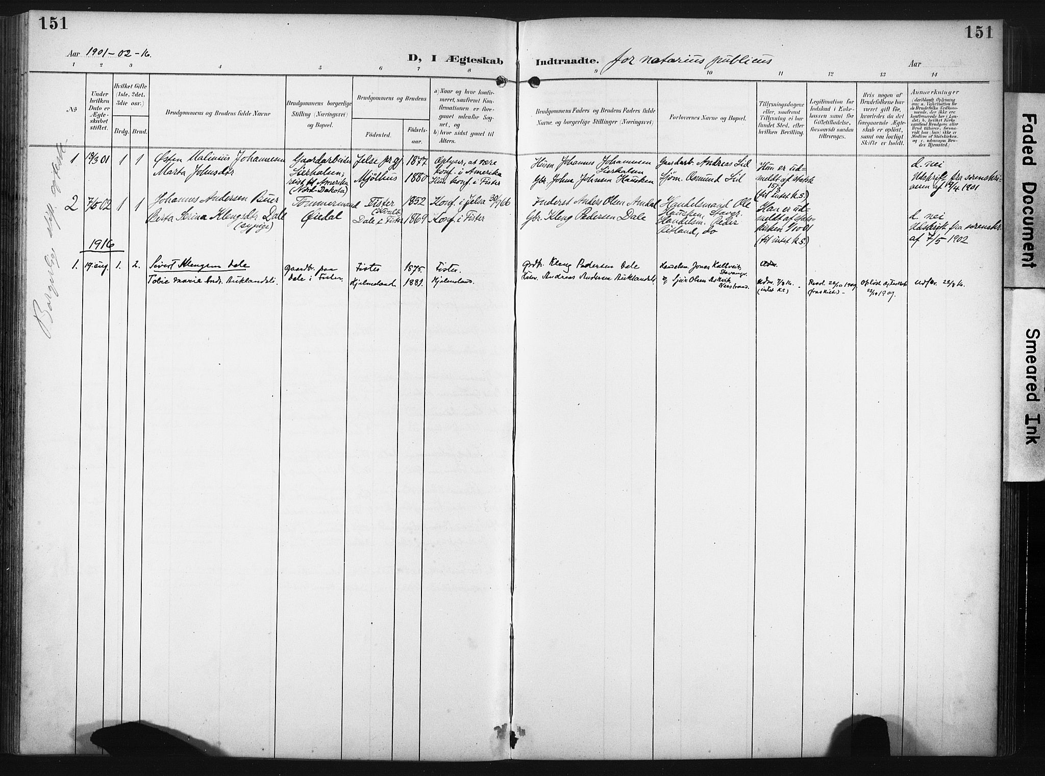 Hjelmeland sokneprestkontor, SAST/A-101843/02/A/L0002: Parish register (official) no. A 17, 1901-1916, p. 151