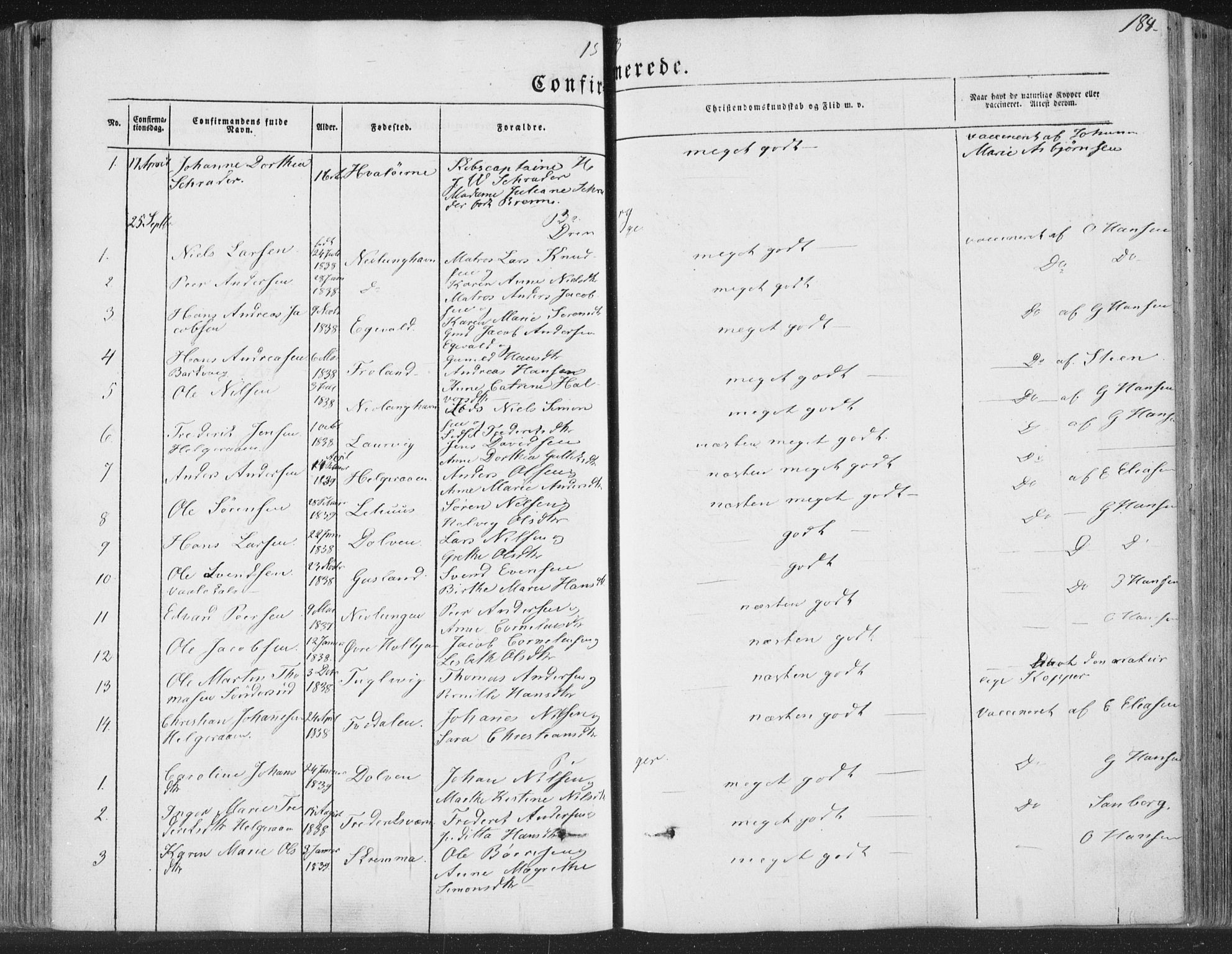 Brunlanes kirkebøker, AV/SAKO-A-342/F/Fa/L0004: Parish register (official) no. I 4, 1846-1862, p. 184