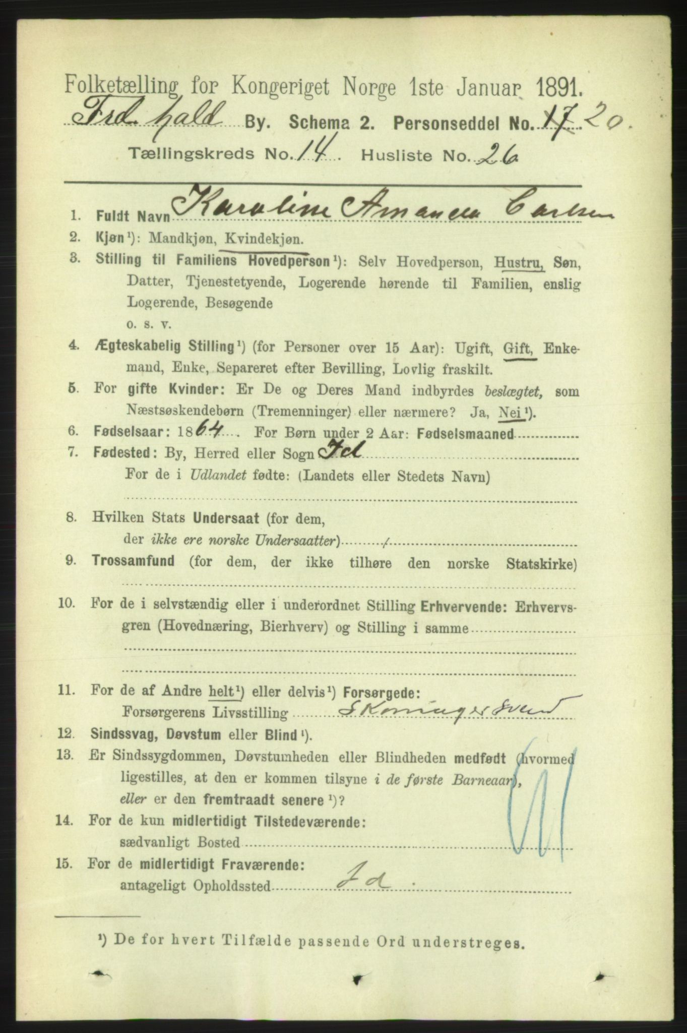 RA, 1891 census for 0101 Fredrikshald, 1891, p. 9393