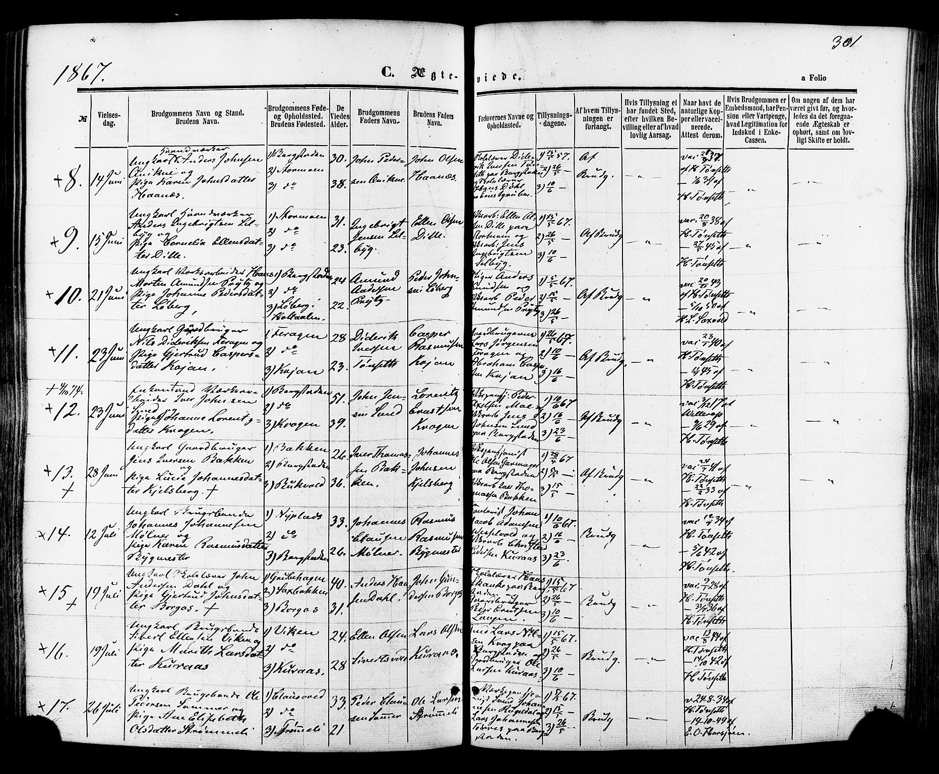 Ministerialprotokoller, klokkerbøker og fødselsregistre - Sør-Trøndelag, AV/SAT-A-1456/681/L0932: Parish register (official) no. 681A10, 1860-1878, p. 301