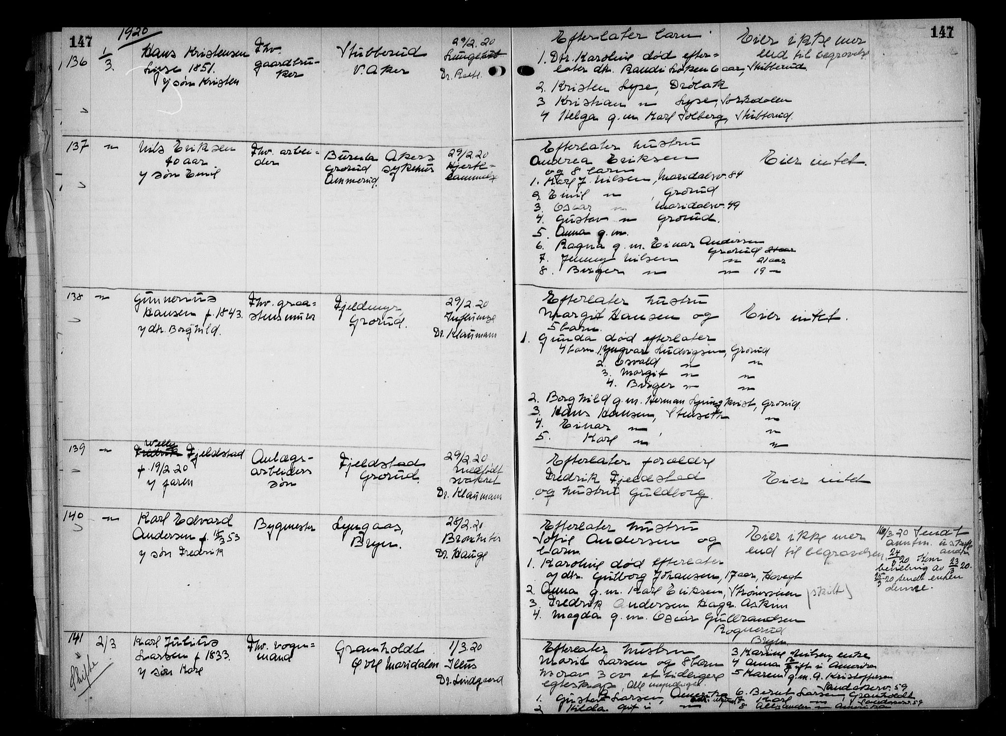 Aker kriminaldommer, skifte- og auksjonsforvalterembete, AV/SAO-A-10452/H/Hb/Hba/Hbaa/L0005: Dødsfallsprotokoll, 1918-1922, p. 147