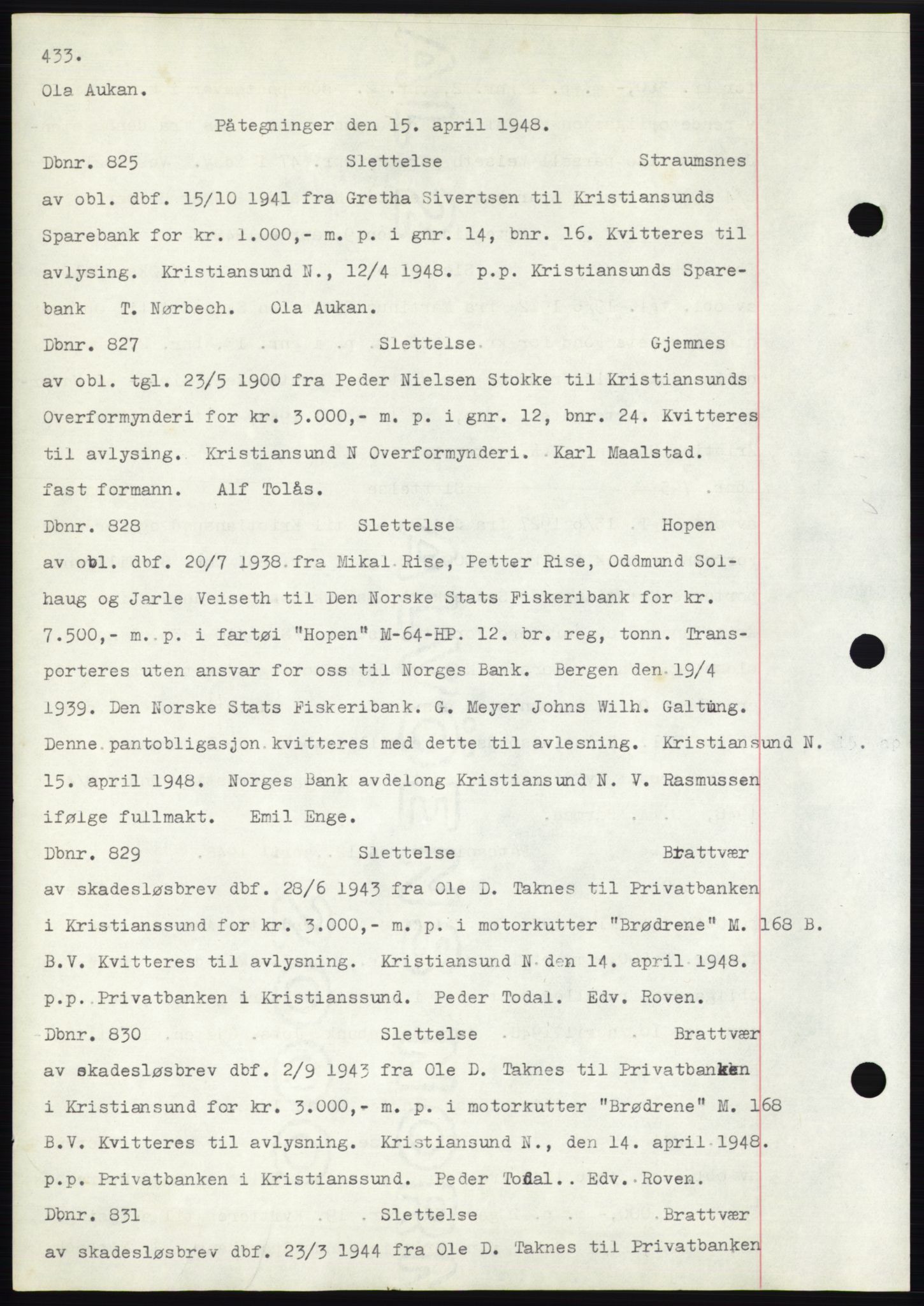 Nordmøre sorenskriveri, SAT/A-4132/1/2/2Ca: Mortgage book no. C82b, 1946-1951, Diary no: : 825/1948