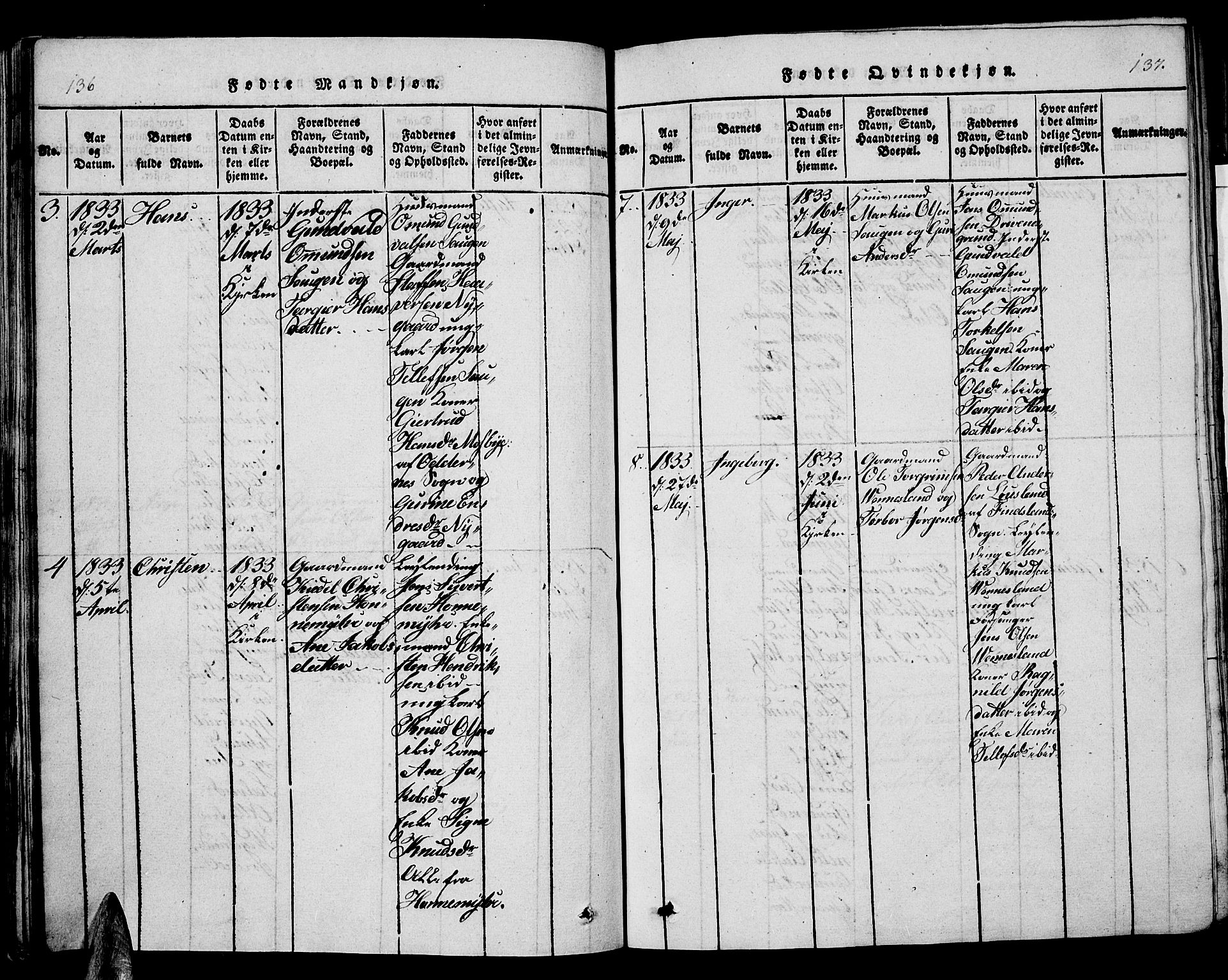 Vennesla sokneprestkontor, AV/SAK-1111-0045/Fb/Fbb/L0001: Parish register (copy) no. B 1, 1820-1834, p. 136-137