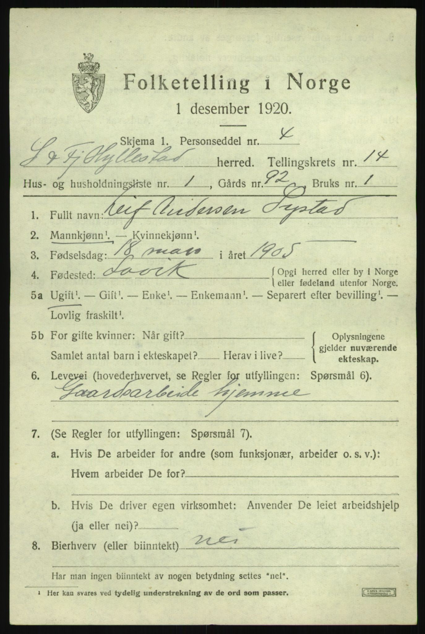 SAB, 1920 census for Hyllestad, 1920, p. 5100