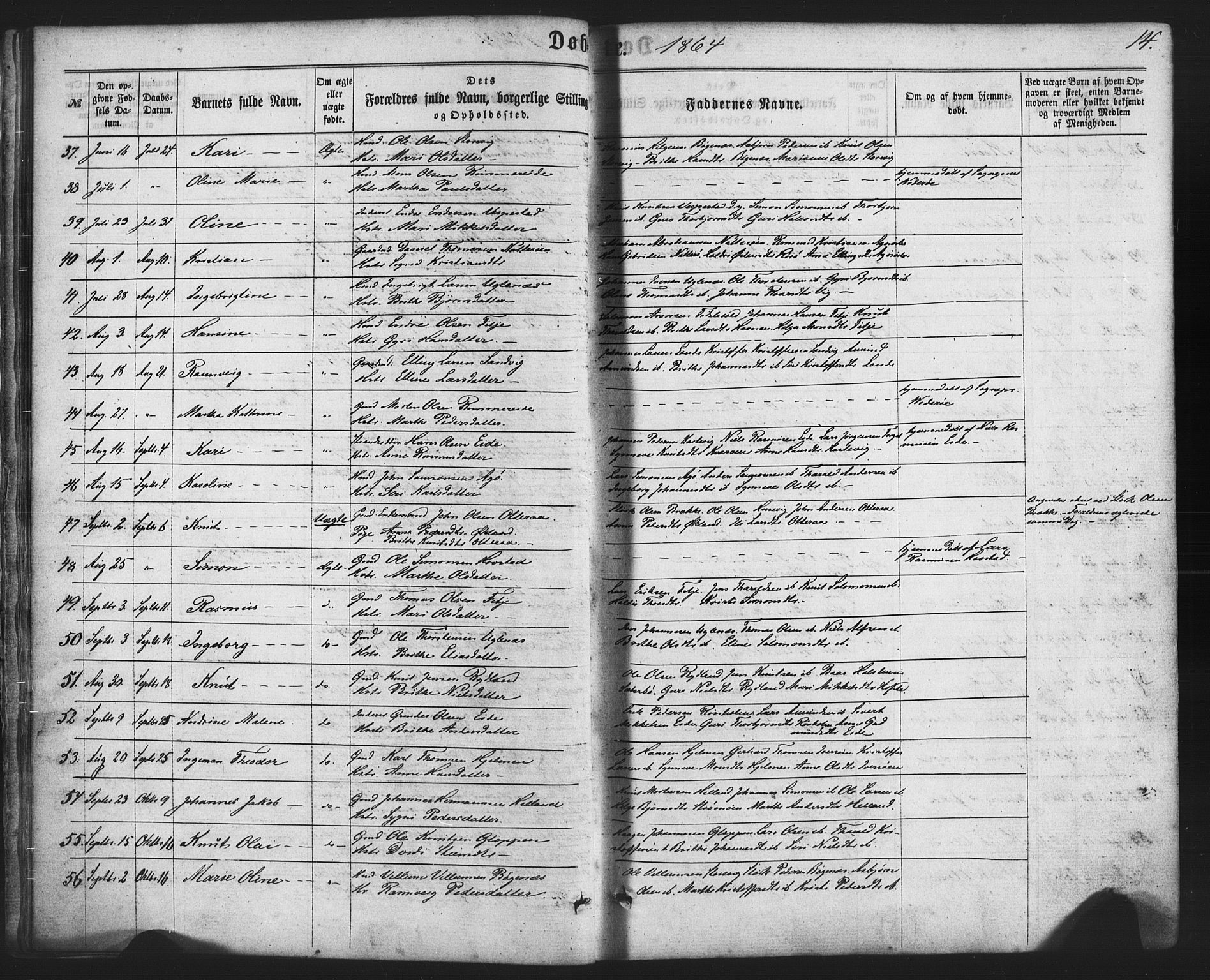 Fitjar sokneprestembete, AV/SAB-A-99926: Parish register (official) no. A 1, 1862-1881, p. 14