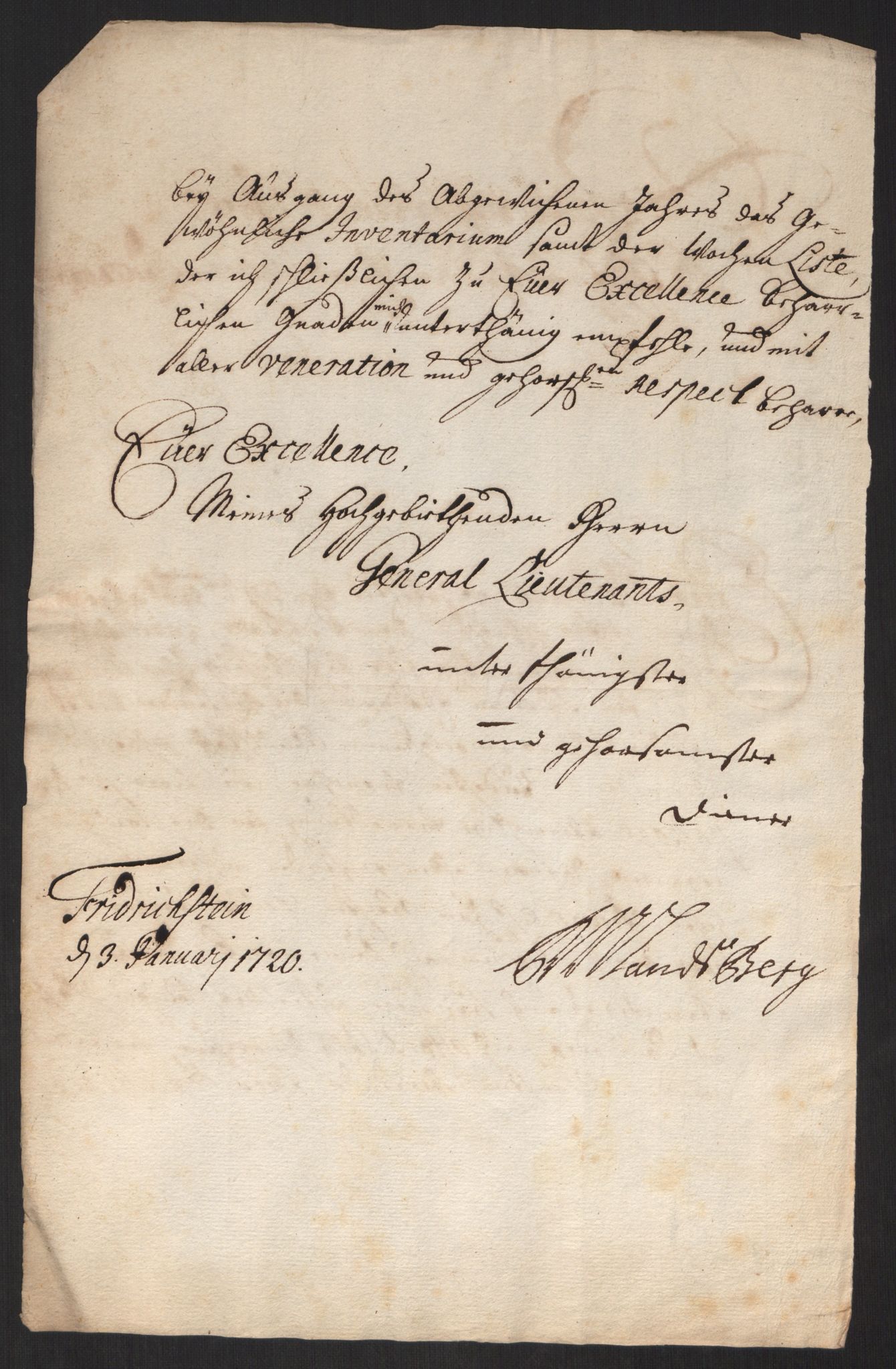 Kommanderende general (KG I) med Det norske krigsdirektorium, AV/RA-EA-5419/D/L0152: Fredriksten festning: Brev, inventarfortegnelser og regnskapsekstrakter, 1720-1723, p. 5