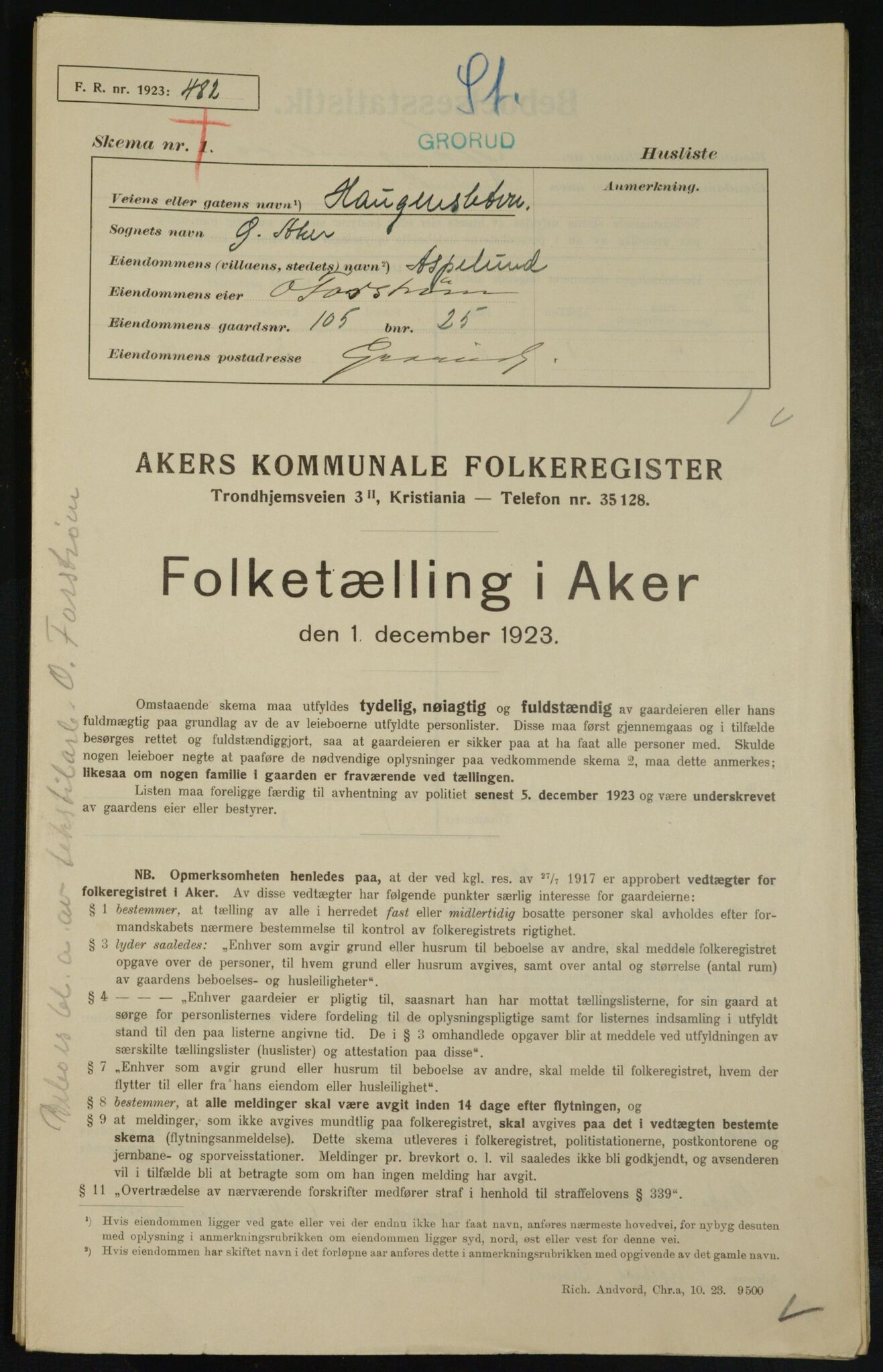 , Municipal Census 1923 for Aker, 1923, p. 25571