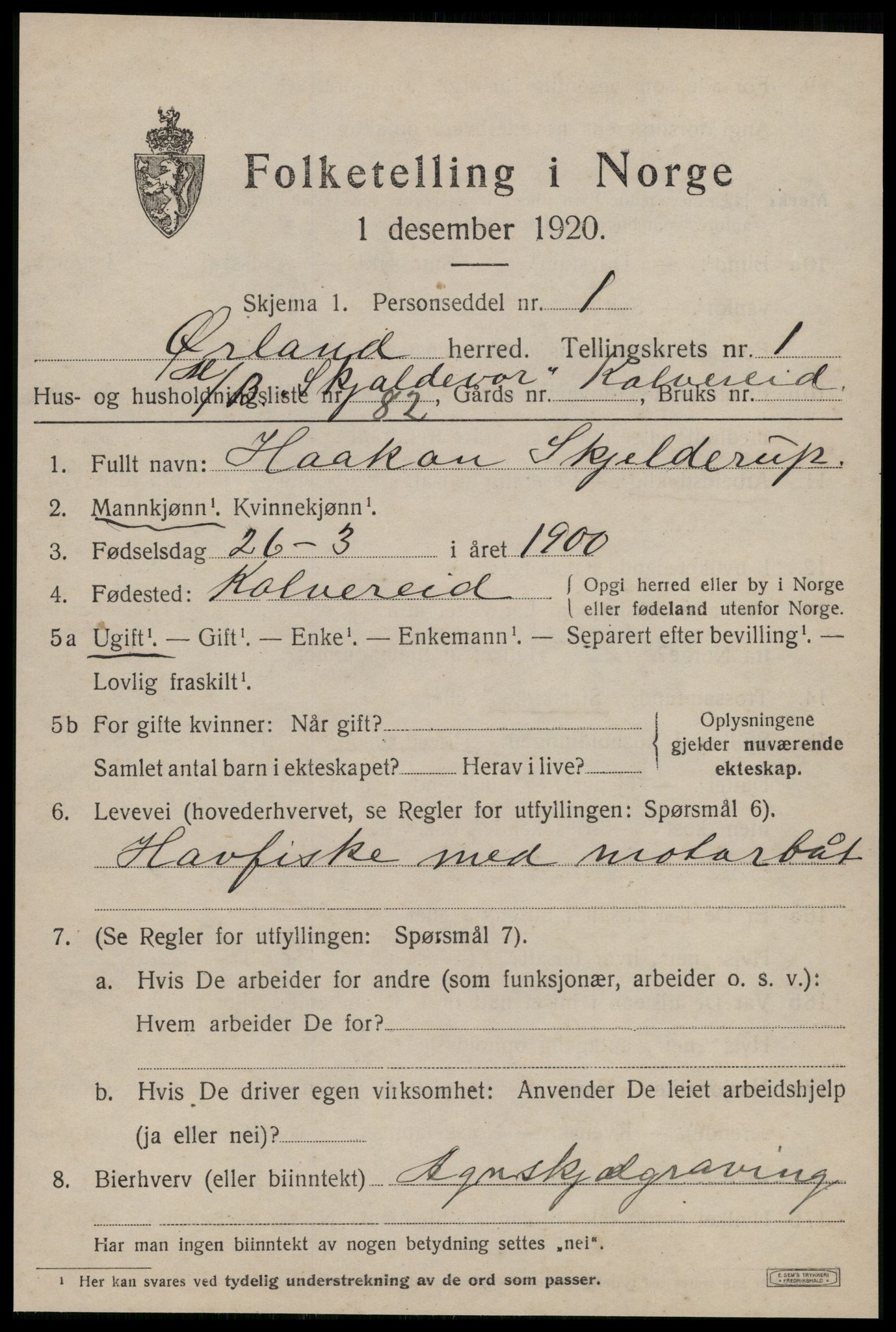 SAT, 1920 census for Ørland, 1920, p. 2217