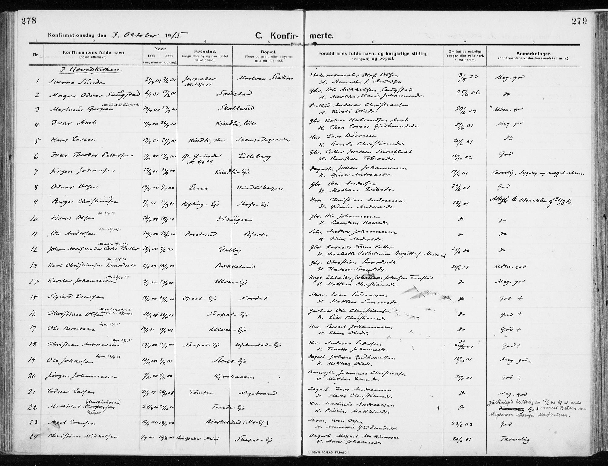 Ringsaker prestekontor, SAH/PREST-014/K/Ka/L0020: Parish register (official) no. 20, 1913-1922, p. 278-279
