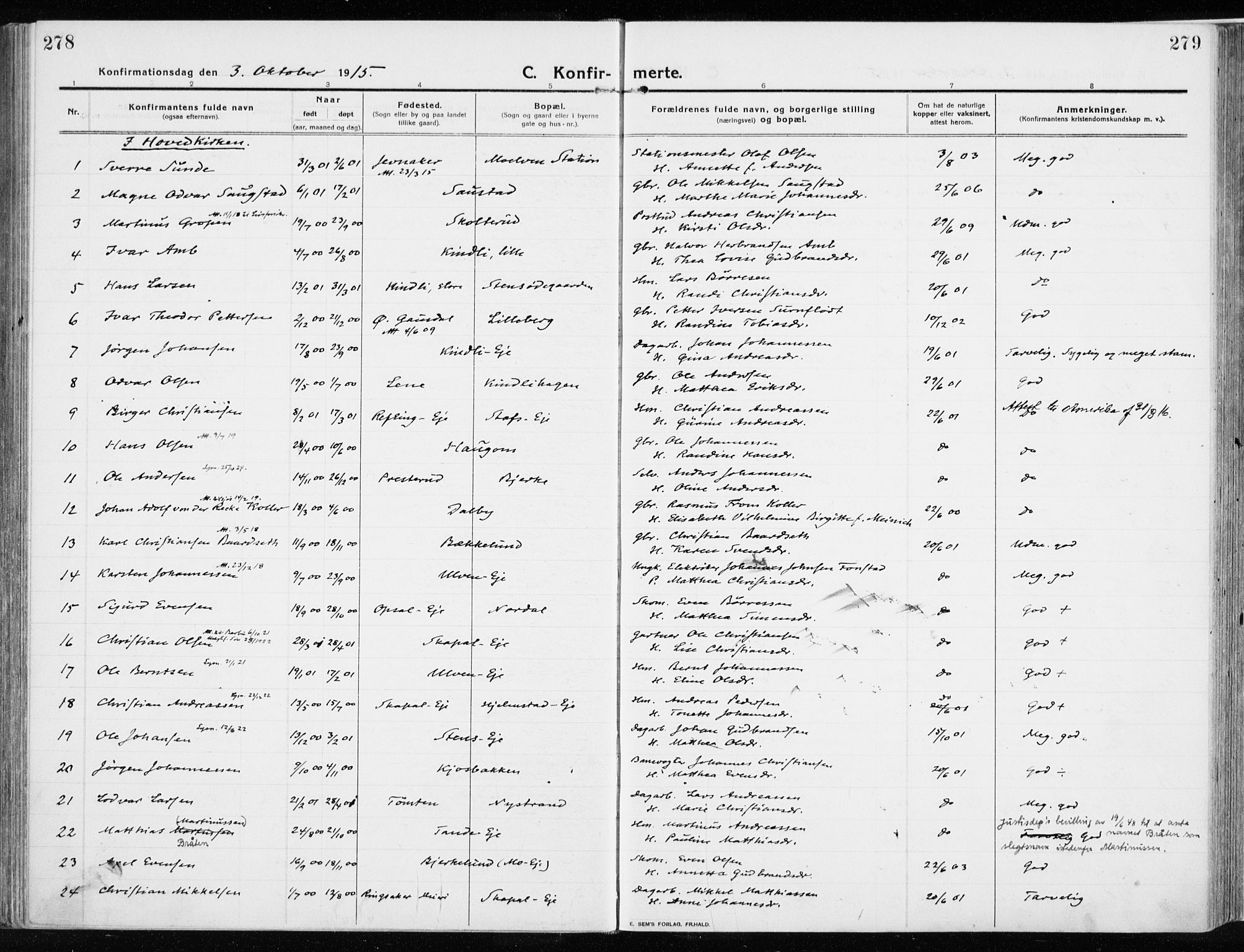 Ringsaker prestekontor, AV/SAH-PREST-014/K/Ka/L0020: Parish register (official) no. 20, 1913-1922, p. 278-279