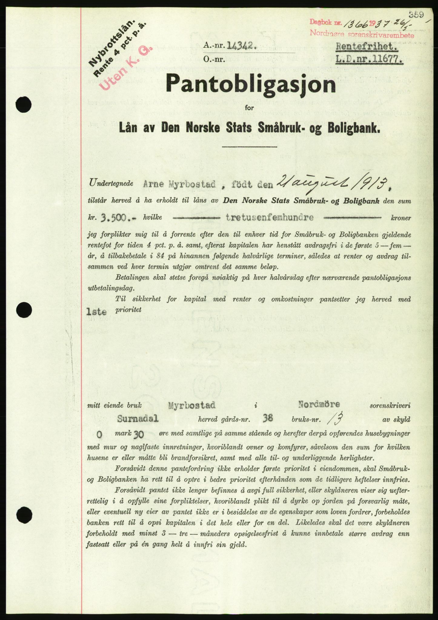 Nordmøre sorenskriveri, AV/SAT-A-4132/1/2/2Ca/L0091: Mortgage book no. B81, 1937-1937, Diary no: : 1366/1937