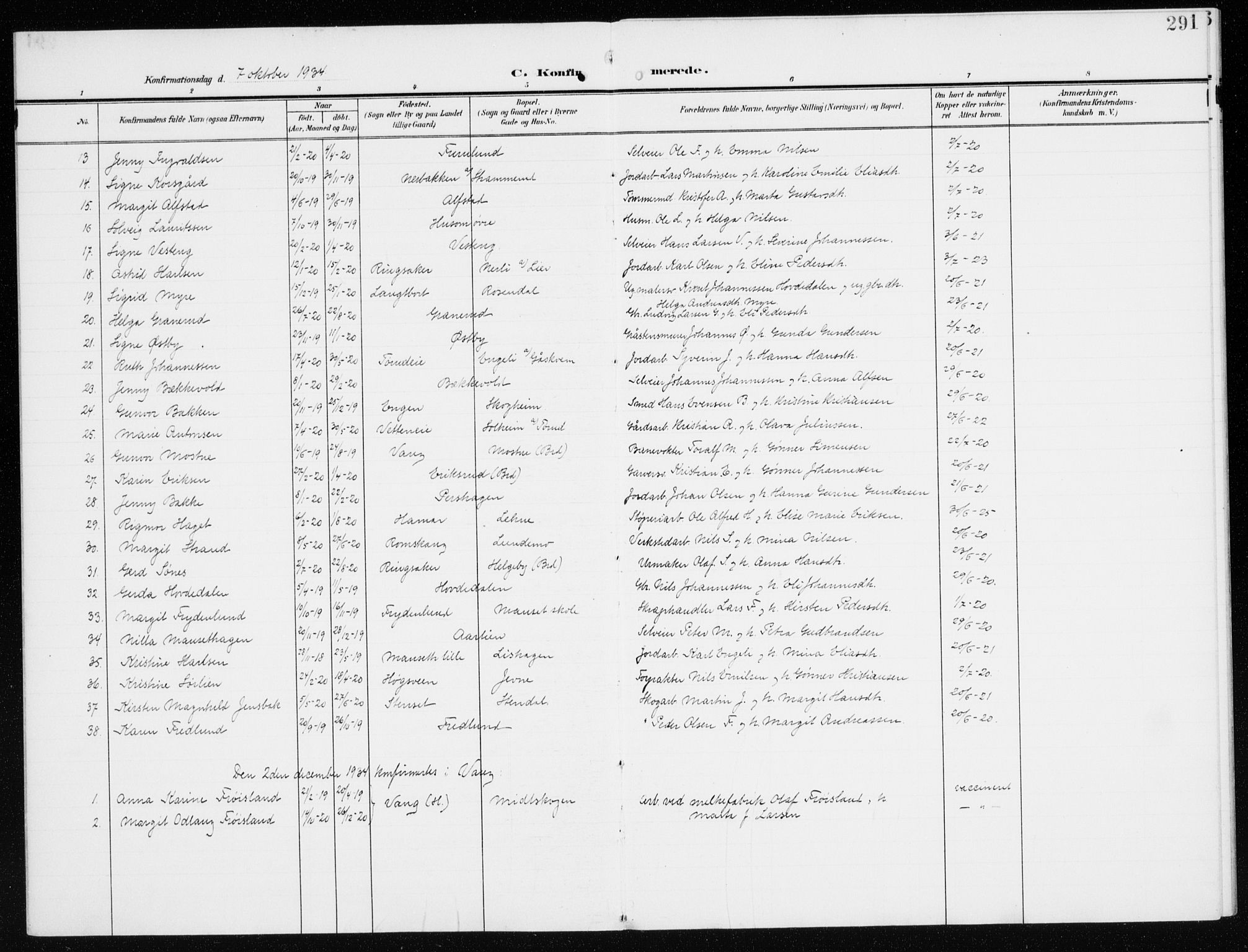 Furnes prestekontor, AV/SAH-PREST-012/K/Ka/L0001: Parish register (official) no. 1, 1907-1935, p. 291