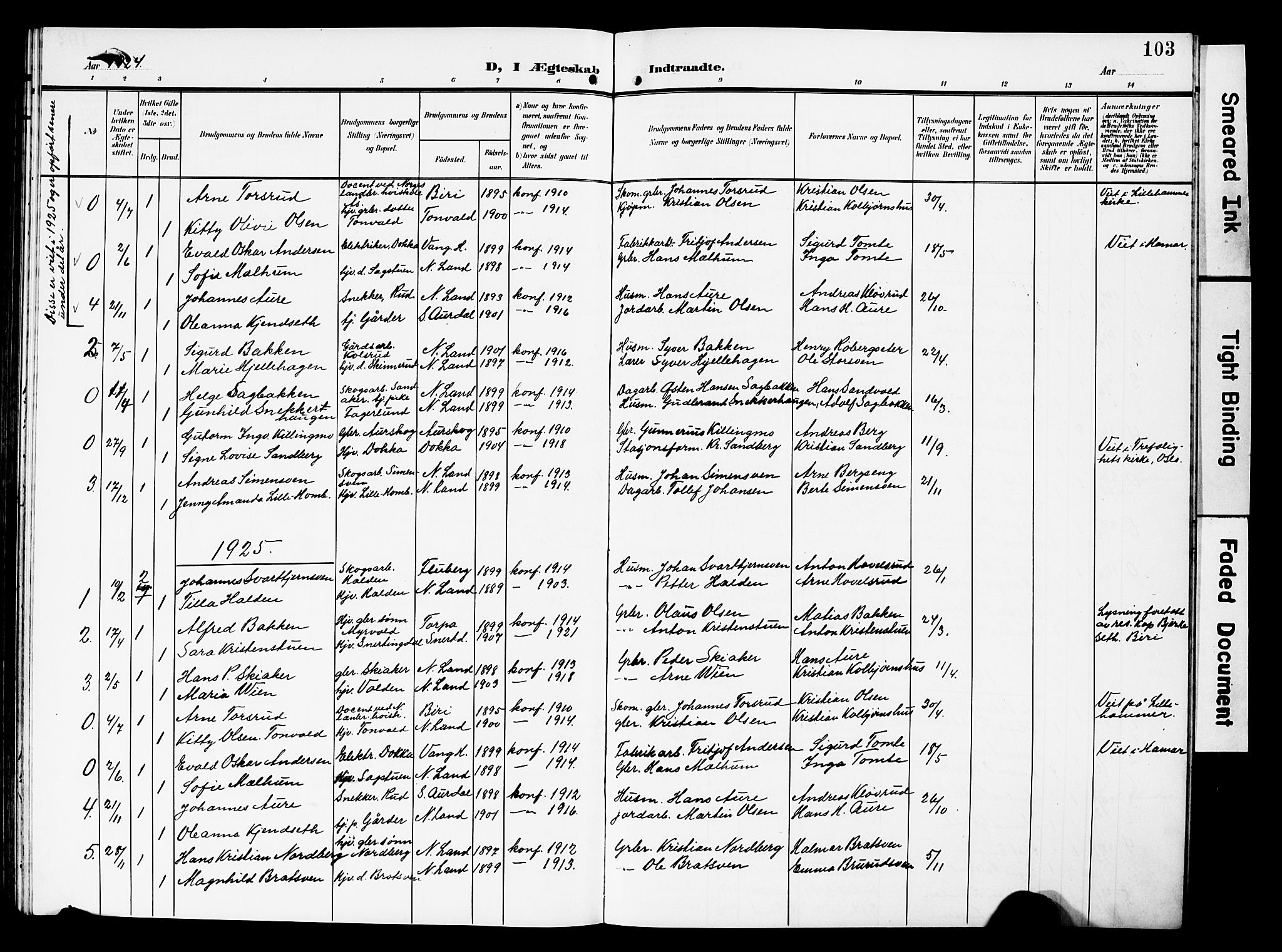 Nordre Land prestekontor, AV/SAH-PREST-124/H/Ha/Hab/L0001: Parish register (copy) no. 1, 1908-1931, p. 103