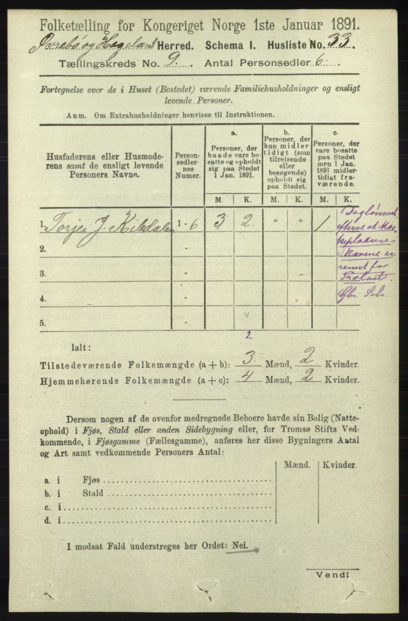 RA, 1891 census for 1016 Øvrebø og Hægeland, 1891, p. 1737