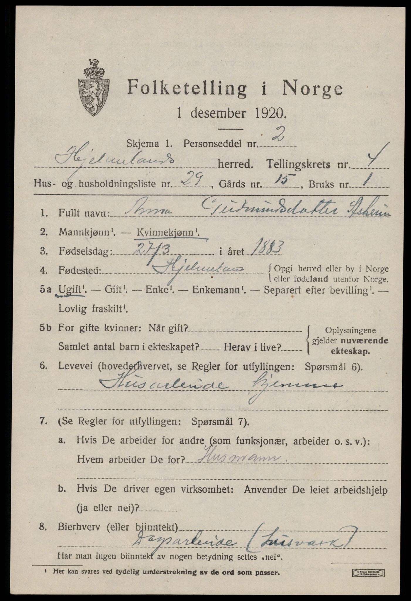 SAST, 1920 census for Hjelmeland, 1920, p. 1807