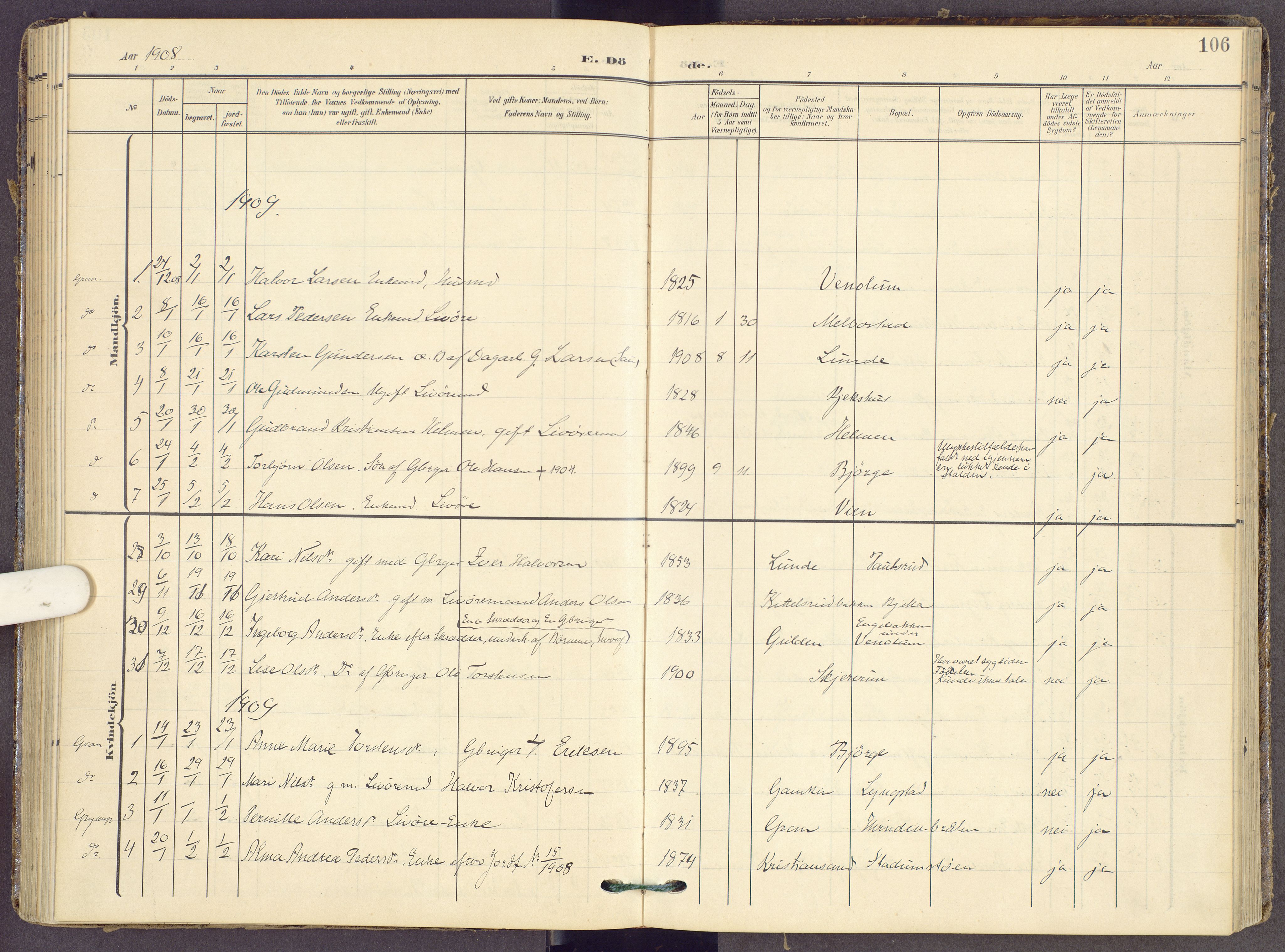 Gran prestekontor, SAH/PREST-112/H/Ha/Haa/L0022: Parish register (official) no. 22, 1908-1918, p. 106