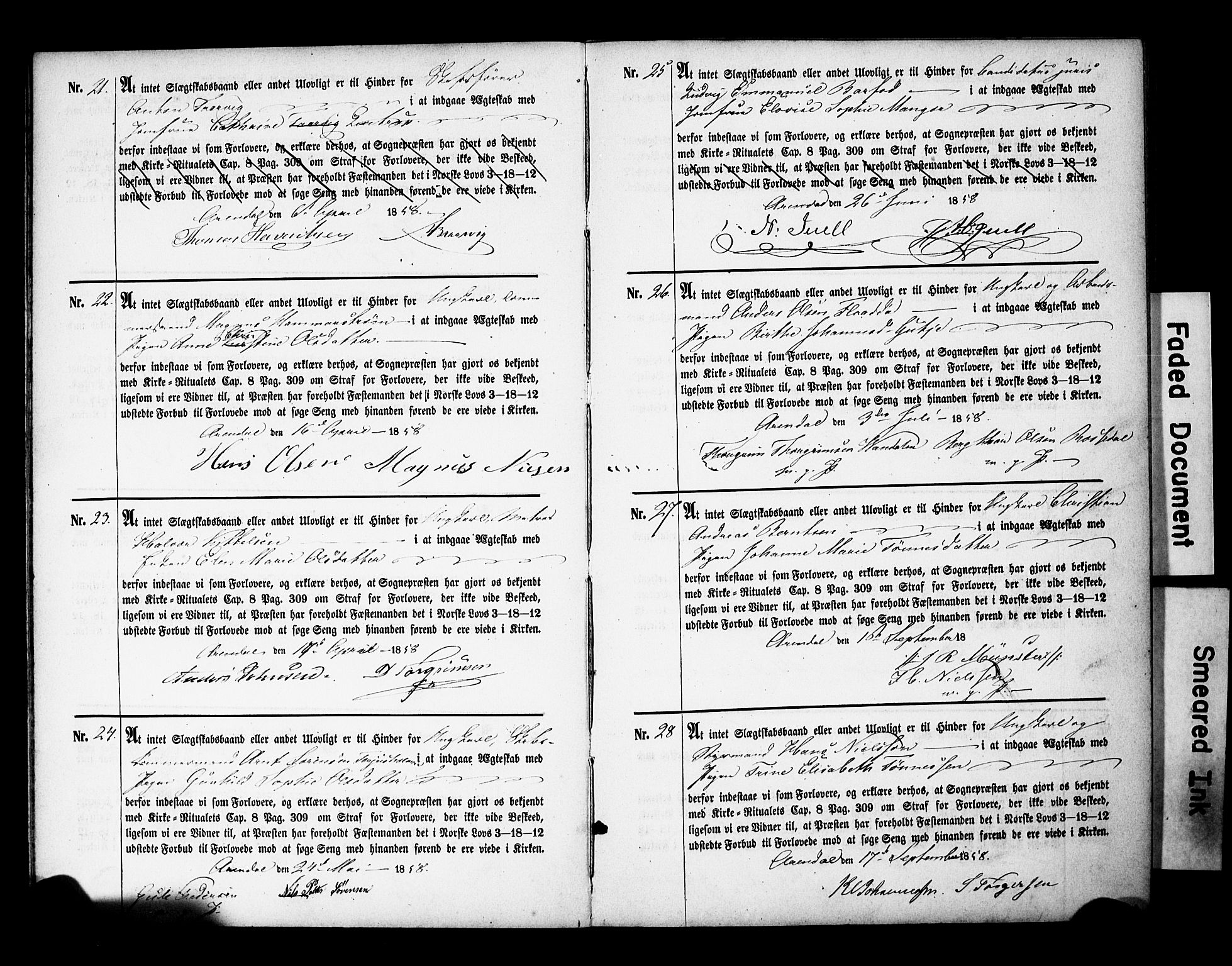 Arendal sokneprestkontor, Trefoldighet, AV/SAK-1111-0040/F/Fe/L0001: Best man's statements no. A VI 1, 1857-1875