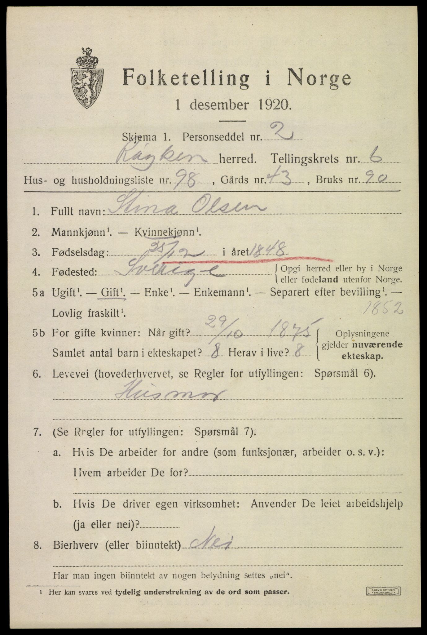 SAKO, 1920 census for Røyken, 1920, p. 10920