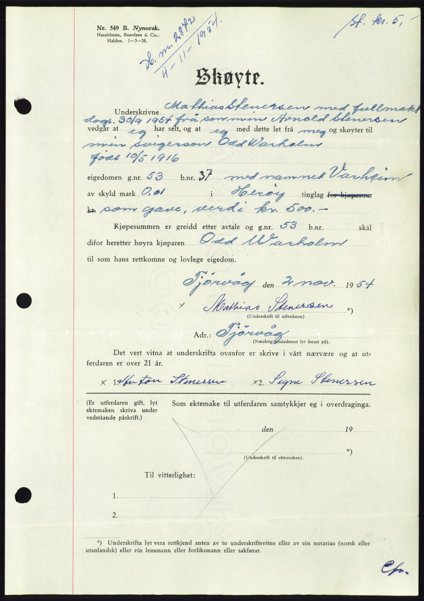 Søre Sunnmøre sorenskriveri, AV/SAT-A-4122/1/2/2C/L0099: Mortgage book no. 25A, 1954-1954, Diary no: : 2872/1954