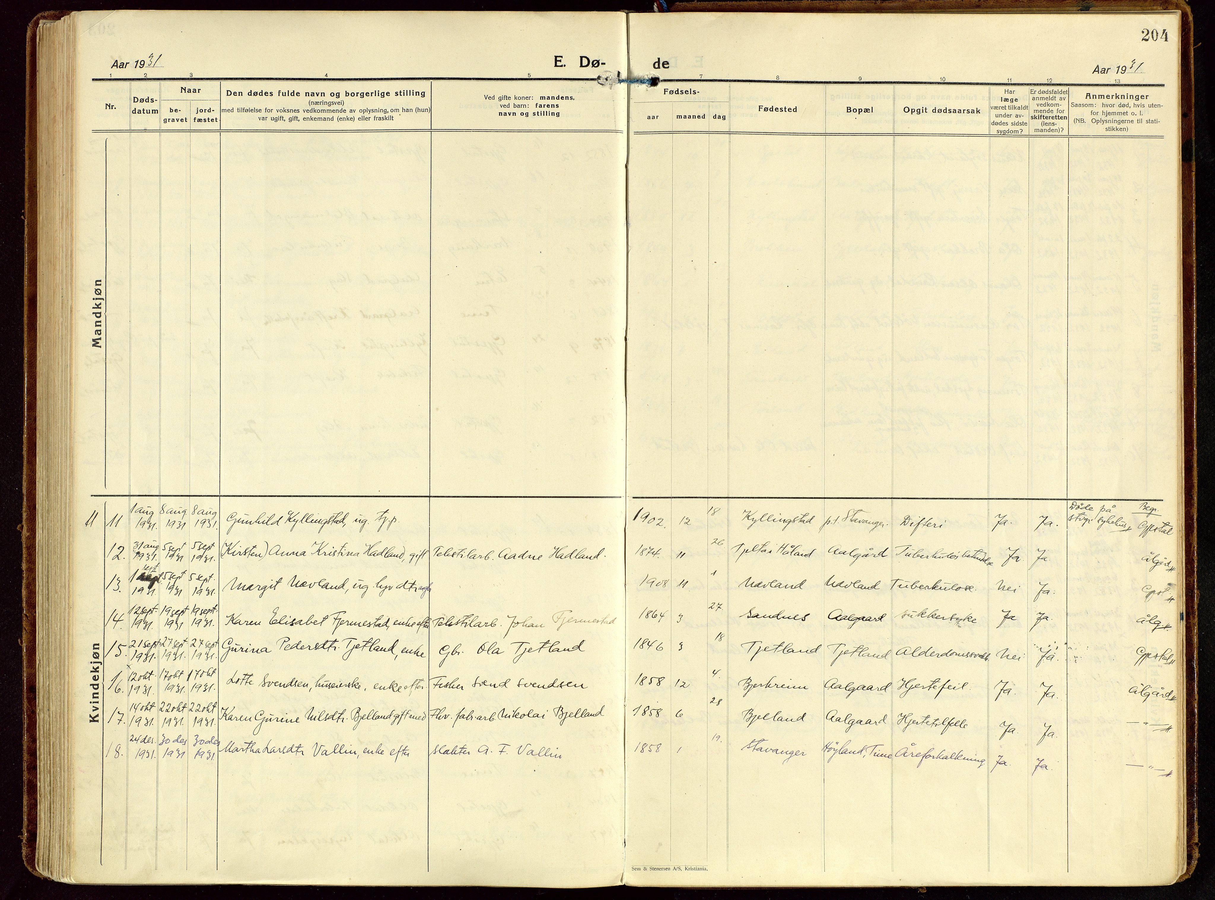 Gjesdal sokneprestkontor, SAST/A-101796/003/O/L0001: Parish register (official) no. A 1, 1925-1949, p. 204