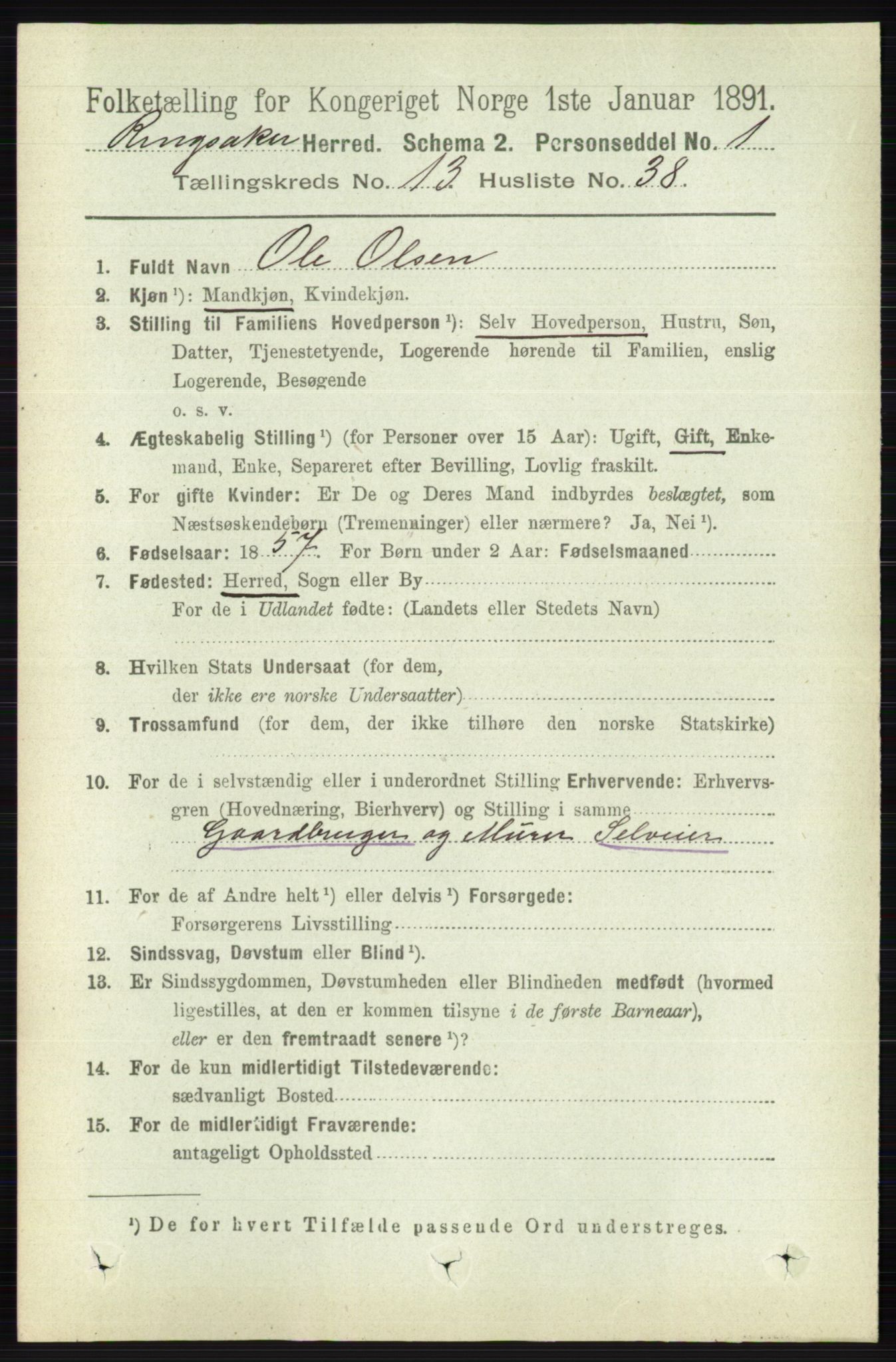 RA, 1891 census for 0412 Ringsaker, 1891, p. 7414