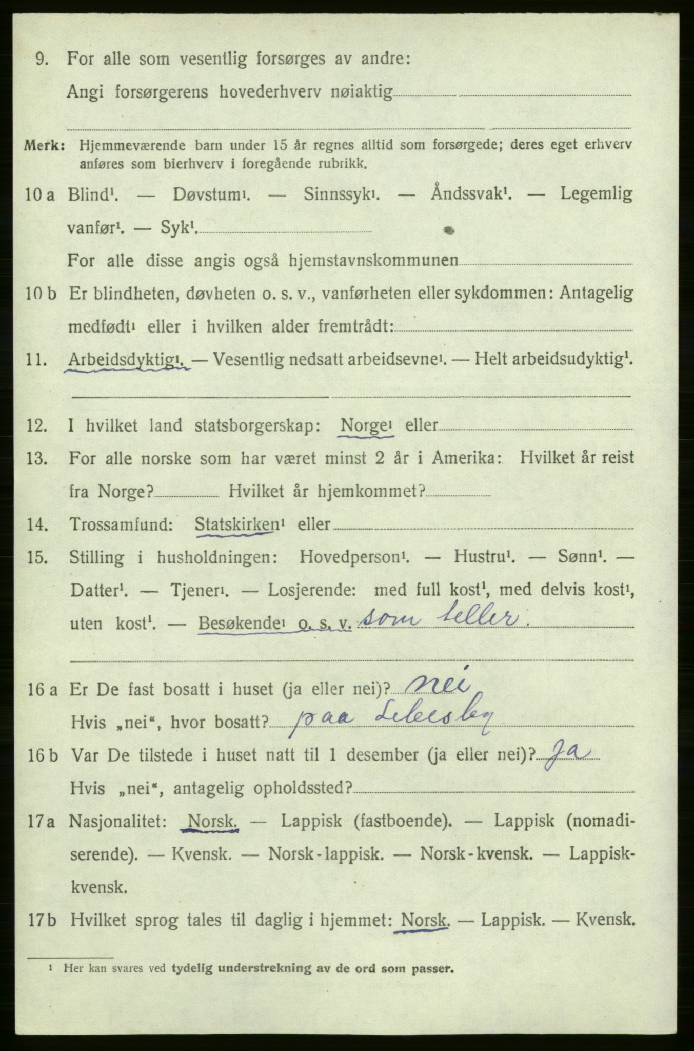 SATØ, 1920 census for Lebesby, 1920, p. 1258