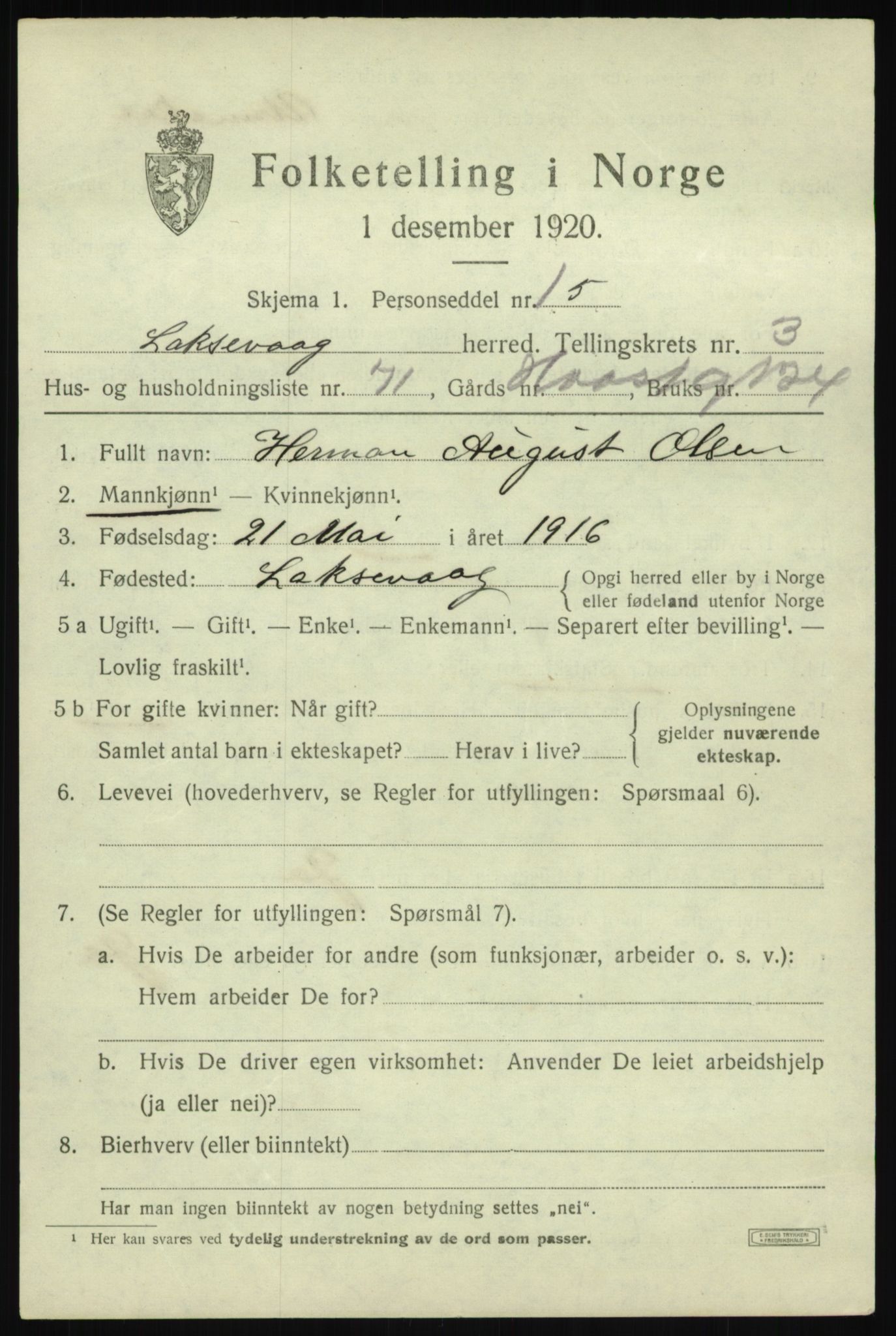 SAB, 1920 census for Laksevåg, 1920, p. 10214