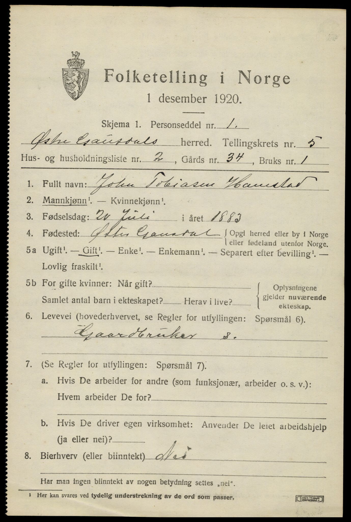 SAH, 1920 census for Østre Gausdal, 1920, p. 2698