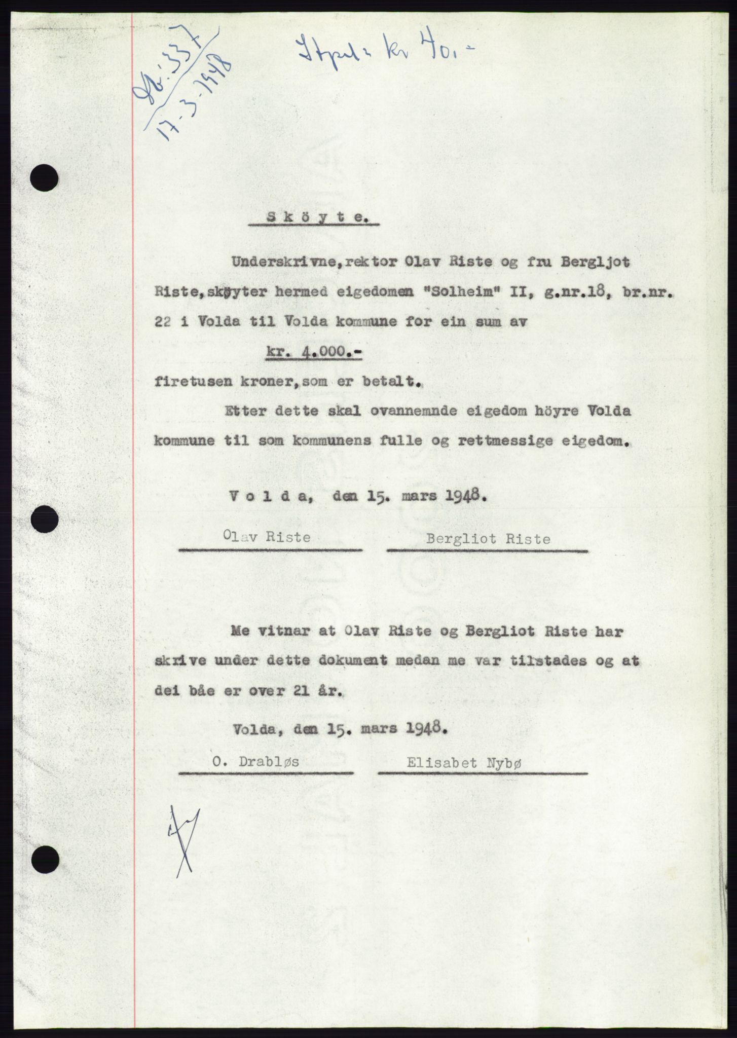 Søre Sunnmøre sorenskriveri, AV/SAT-A-4122/1/2/2C/L0082: Mortgage book no. 8A, 1948-1948, Diary no: : 337/1948