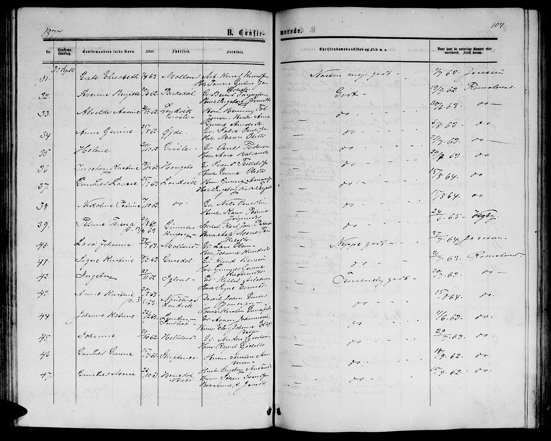 Hommedal sokneprestkontor, AV/SAK-1111-0023/F/Fb/Fbb/L0006: Parish register (copy) no. B 6, 1869-1884, p. 107